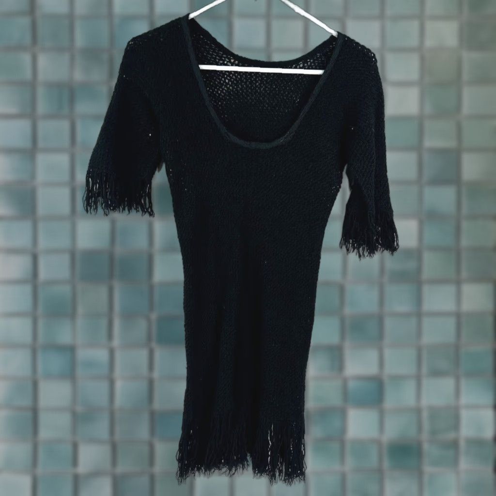 Vintage WOMENS Knit Fringe Sweater Dress - Black - Size M - Long Sleeve - Cowl Neck - Pullover - Casual Knitwear - Acrylic - Regular - Women Size M / US 6-8 / IT 42-44 - 1 Thumbnail