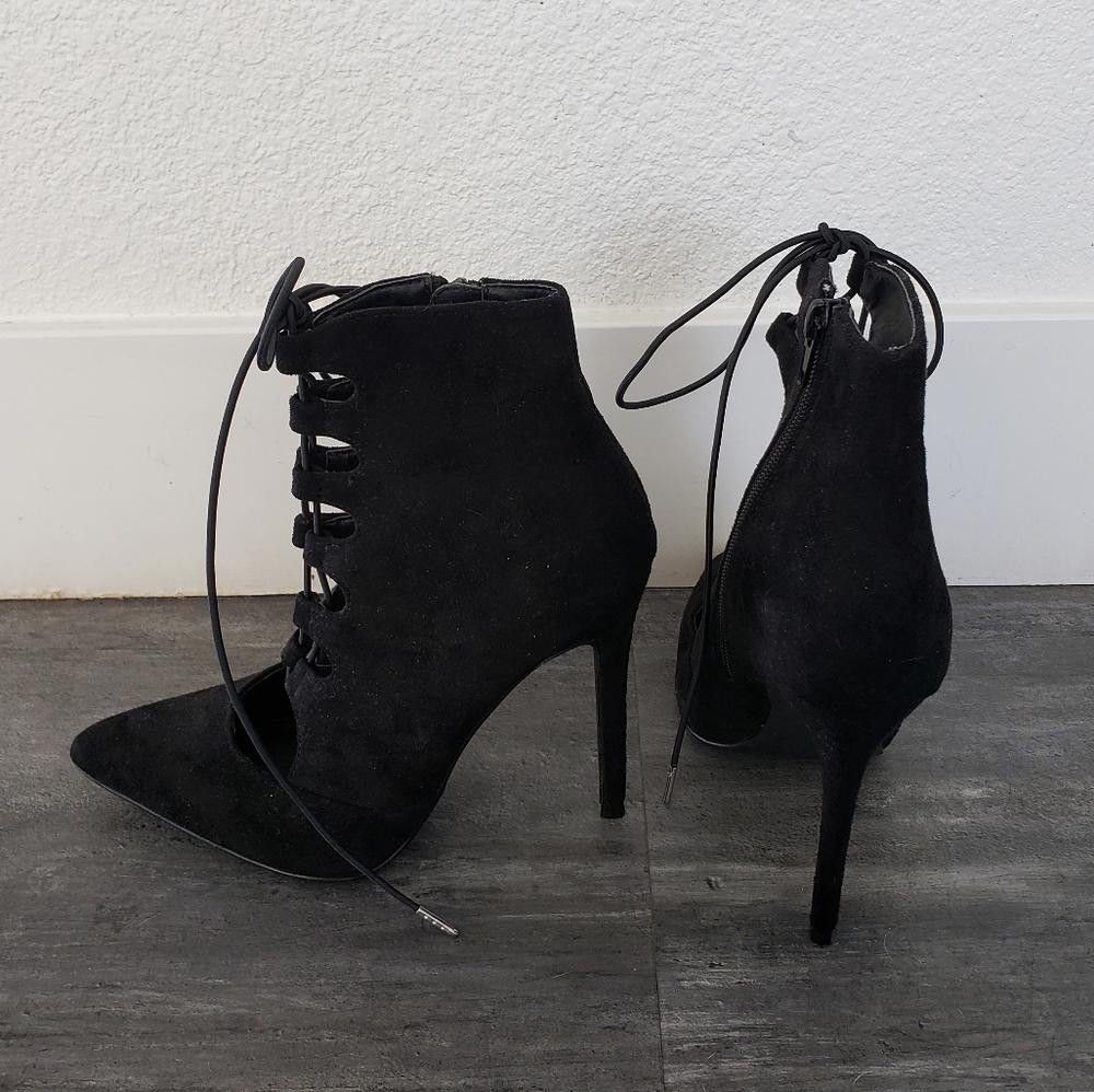 Designer Black Laced Up Suede OJ Heeled Boots Size US 8 / IT 38 - 2 Thumbnail