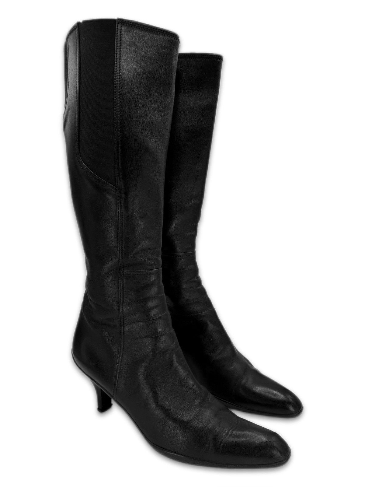 Ss99 Prada Black Leather Riding Hi-Top Panelled Heel Shoes Boots, Women's (Size 7.5)