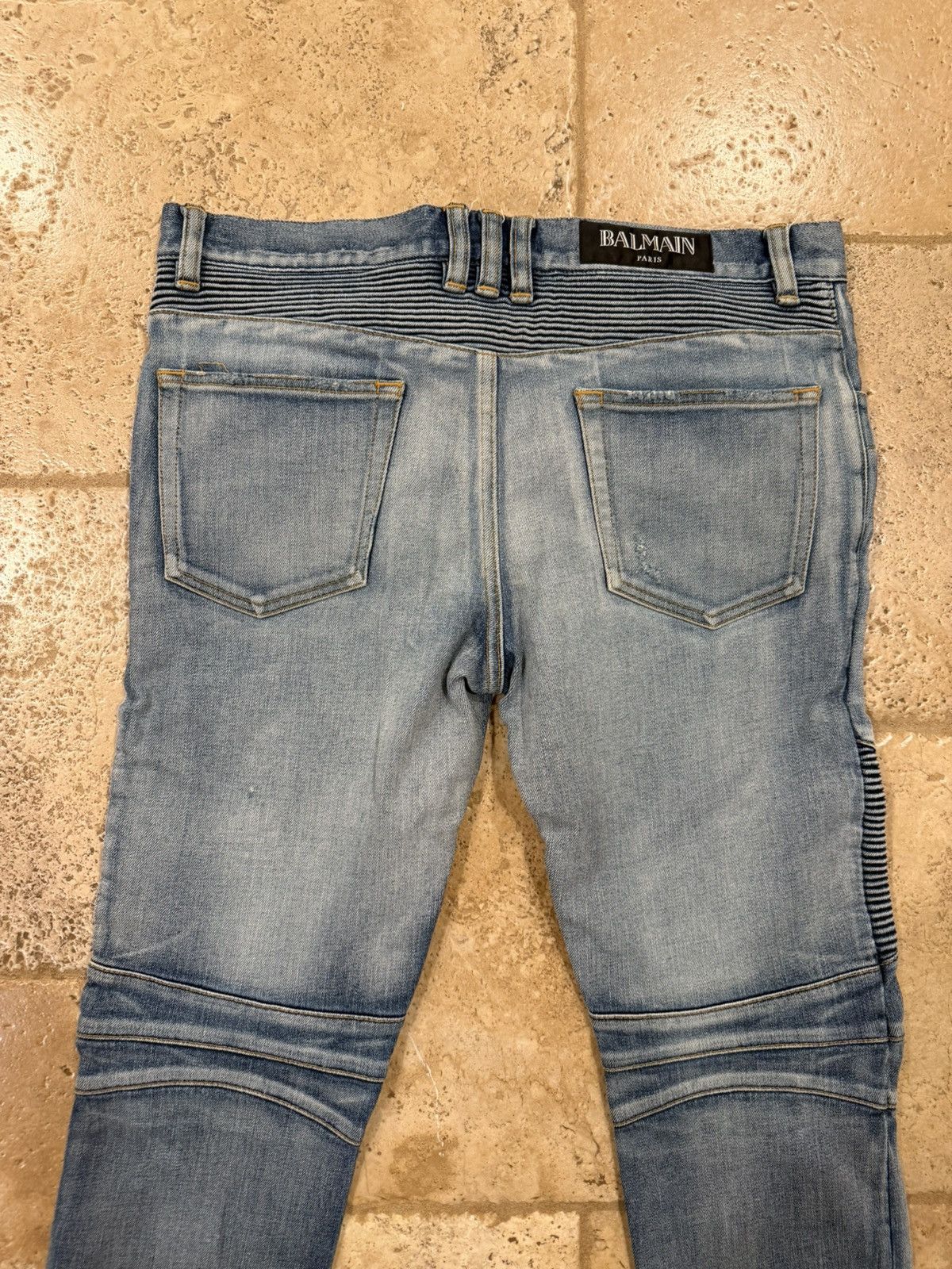 Balmain Balmain OG Biker Distressed Stone Wash Blue Denim Jeans Size US 31 - 8 Thumbnail