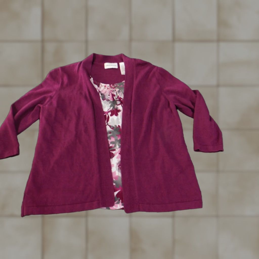 Vintage Alfred Dunner Sweater Cardigan XL Purple Floral Lined Rayon Womens Knit Raglan Sleeve Round Neck Modern American Size XL / US 12-14 / IT 48-50 - 1 Thumbnail