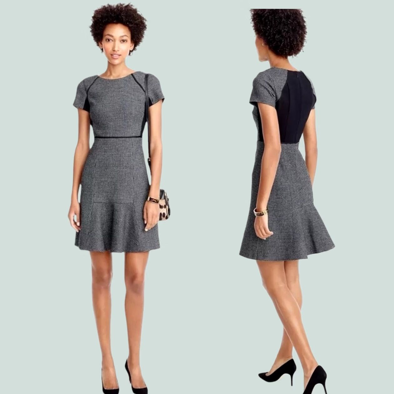 J.Crew J.Crew Checkered Flutter Dress Size 4 Black Gray Tweed Ponte Fit Flare Career Dress Women Short Sleeve Knee Length Round Neck Size S / US 4 / IT 40 - 1 Thumbnail