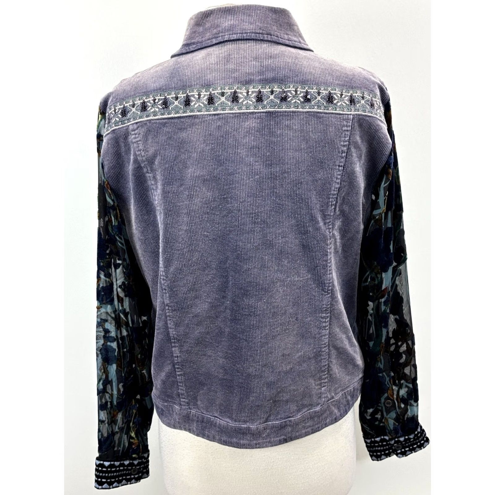 Vintage John Mark Corduroy Trucker Jacket Women’s L Beaded Sheer Floral Sleeves Boho Size L / US 10 / IT 46 - 3 Thumbnail