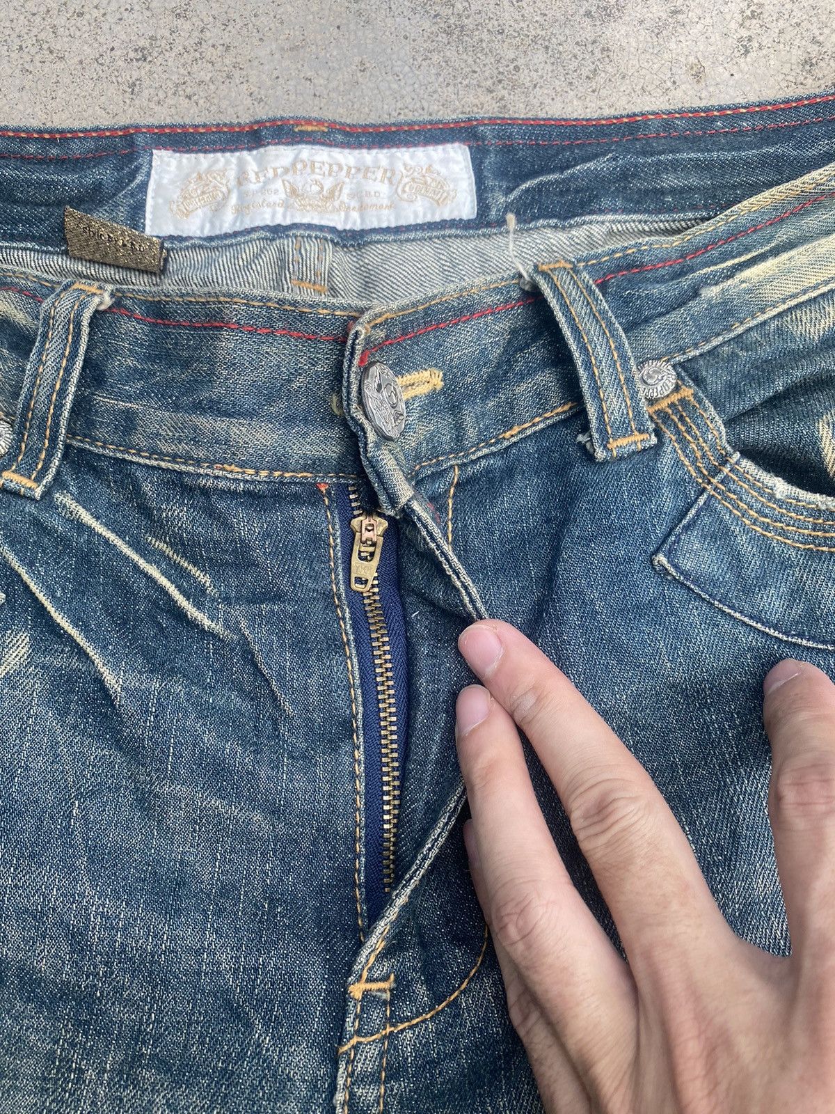 If Six Was Nine × Japanese Brand Flare Jeans Red Pepper Honeycomb Clawmark Splash Size US 33 - 13 Thumbnail