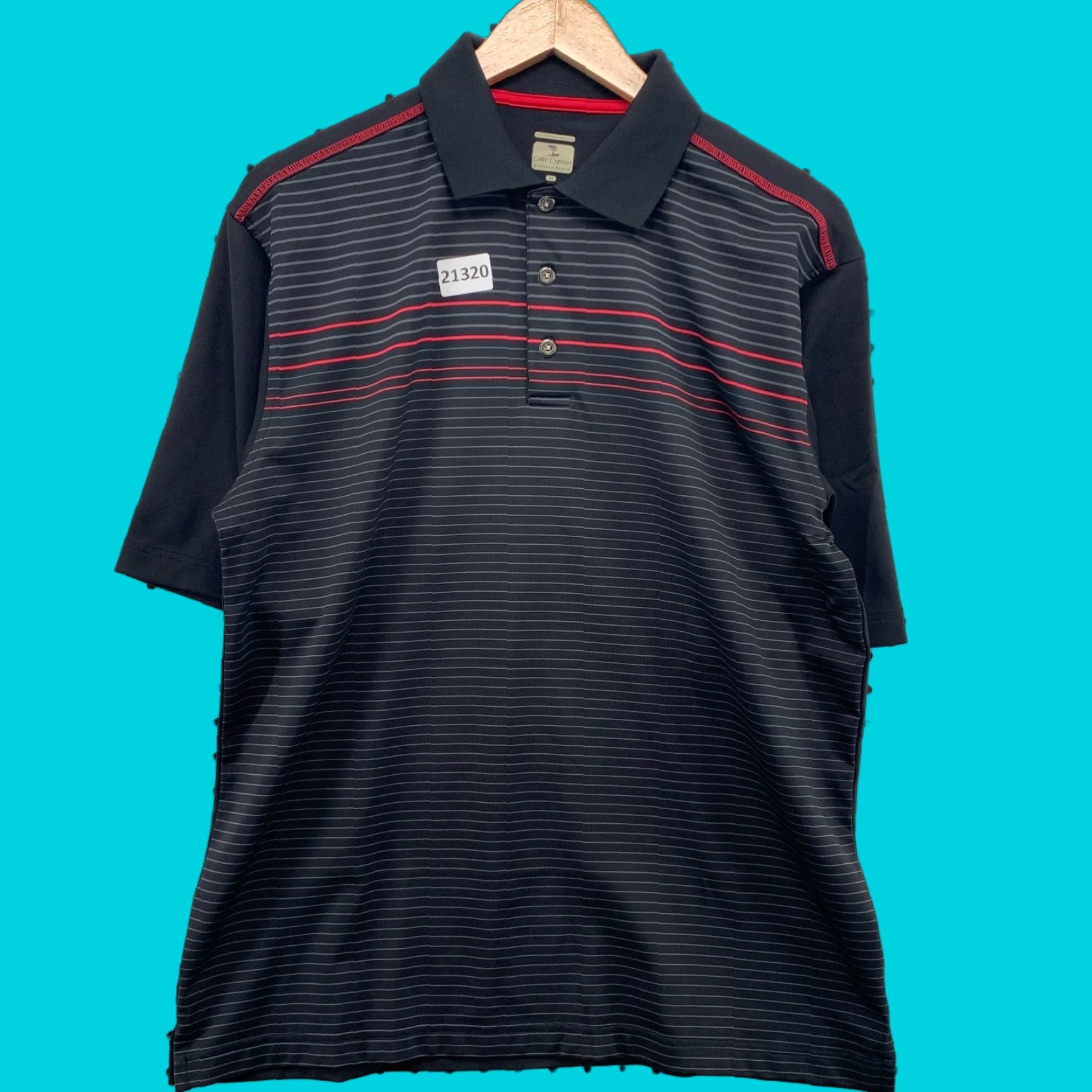 Vintage Pebble Beach Lone Cypress Performance Polo Shirt – Striped Black Red, Mens Medium, Polo, Short Sleeve, Knit Blended Fabric, 90s-Event Style? Size US M / EU 48-50 / 2 - 1 Thumbnail