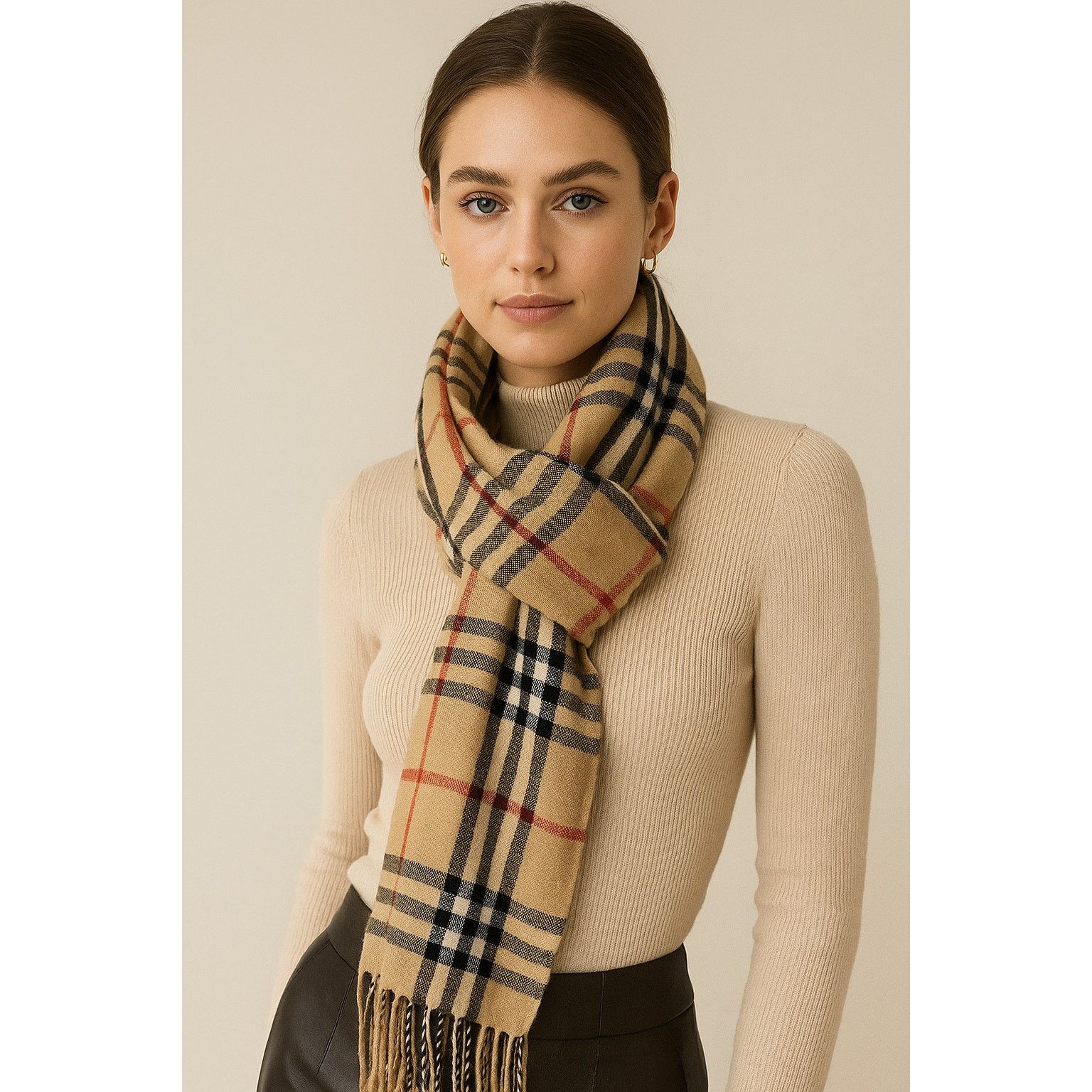 Other Check Archive Beige Black Rectangle Fringe Long Plaid Scarf Size ONE SIZE - 1 Thumbnail