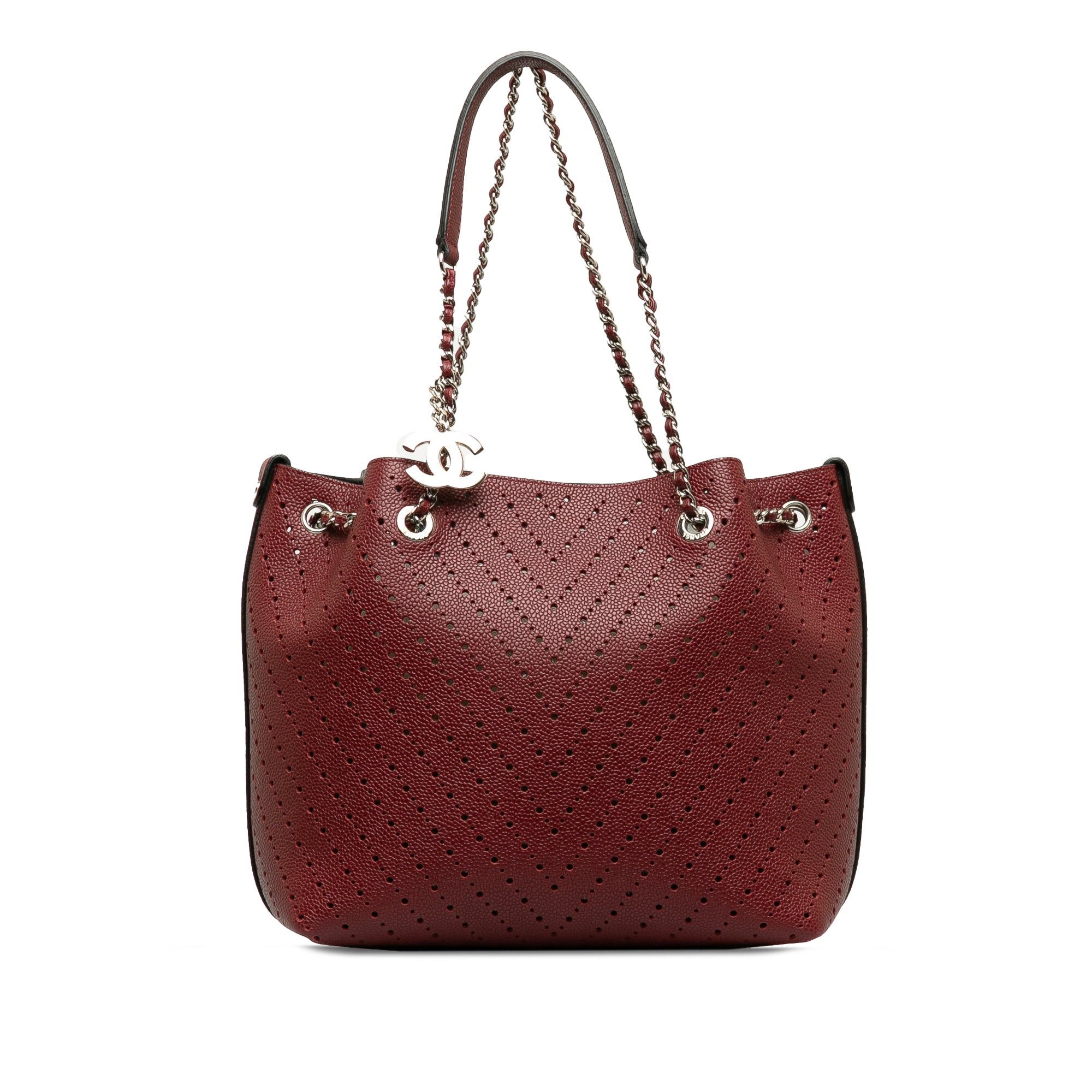 image of Chanel Perforated Caviar Leather Tote Bag in Red, Women's
