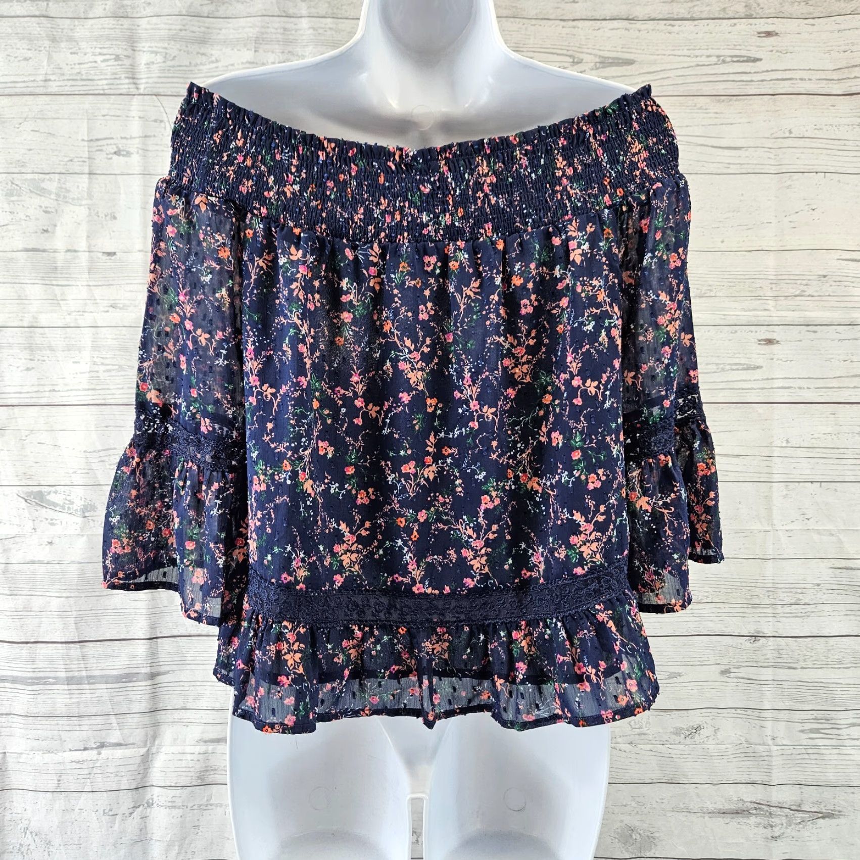 Vintage Skies Are Blue Womens Off The Shoulder Top Petite Small Blue Floral 3/4 Sleeve Blouse Size S / US 4 / IT 40 - 4 Thumbnail
