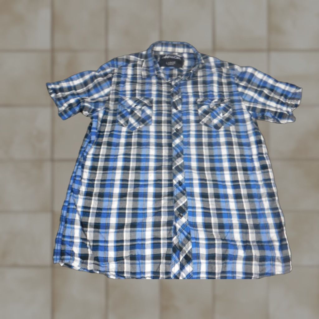 Carbon Carbon Mens Shirt L blue plaid Button-Down Short Sleeve Slim Casual Size US L / EU 52-54 / 3 - 1 Thumbnail