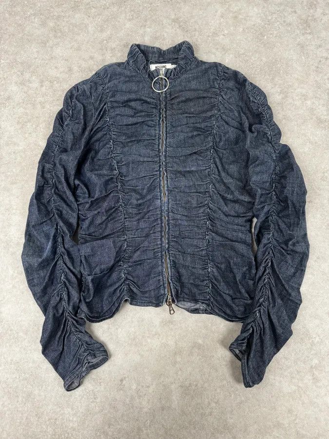 Moschino Moschino Navy Gathered Denim Zip-Up Jacket Size S / US 4 / IT 40 - 1 Thumbnail