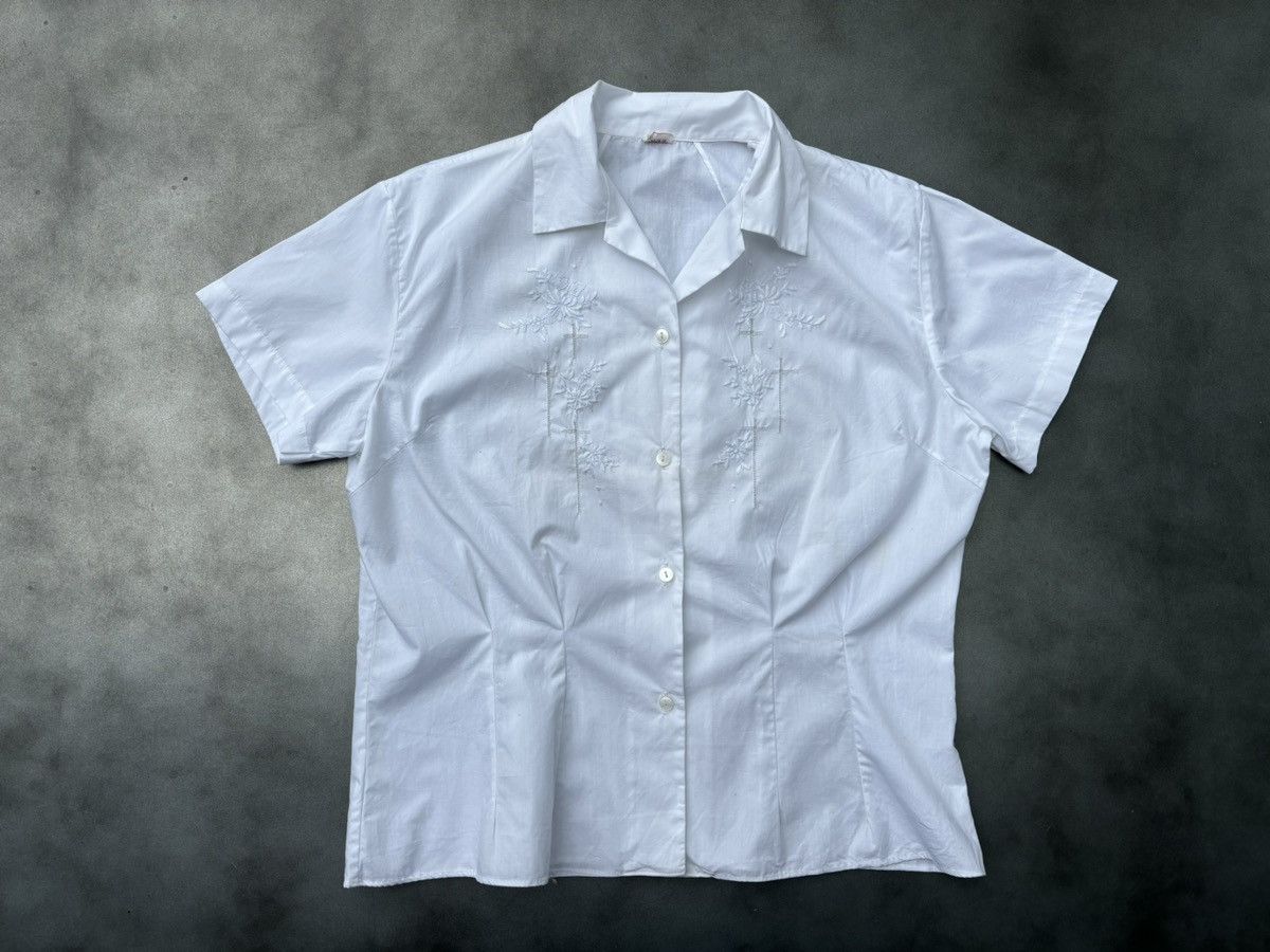 Vintage Vintage Camp Shirt White Cotton Embroidered Dart Sheer Lace Size US XS / EU 42 / 0 - 9 Thumbnail