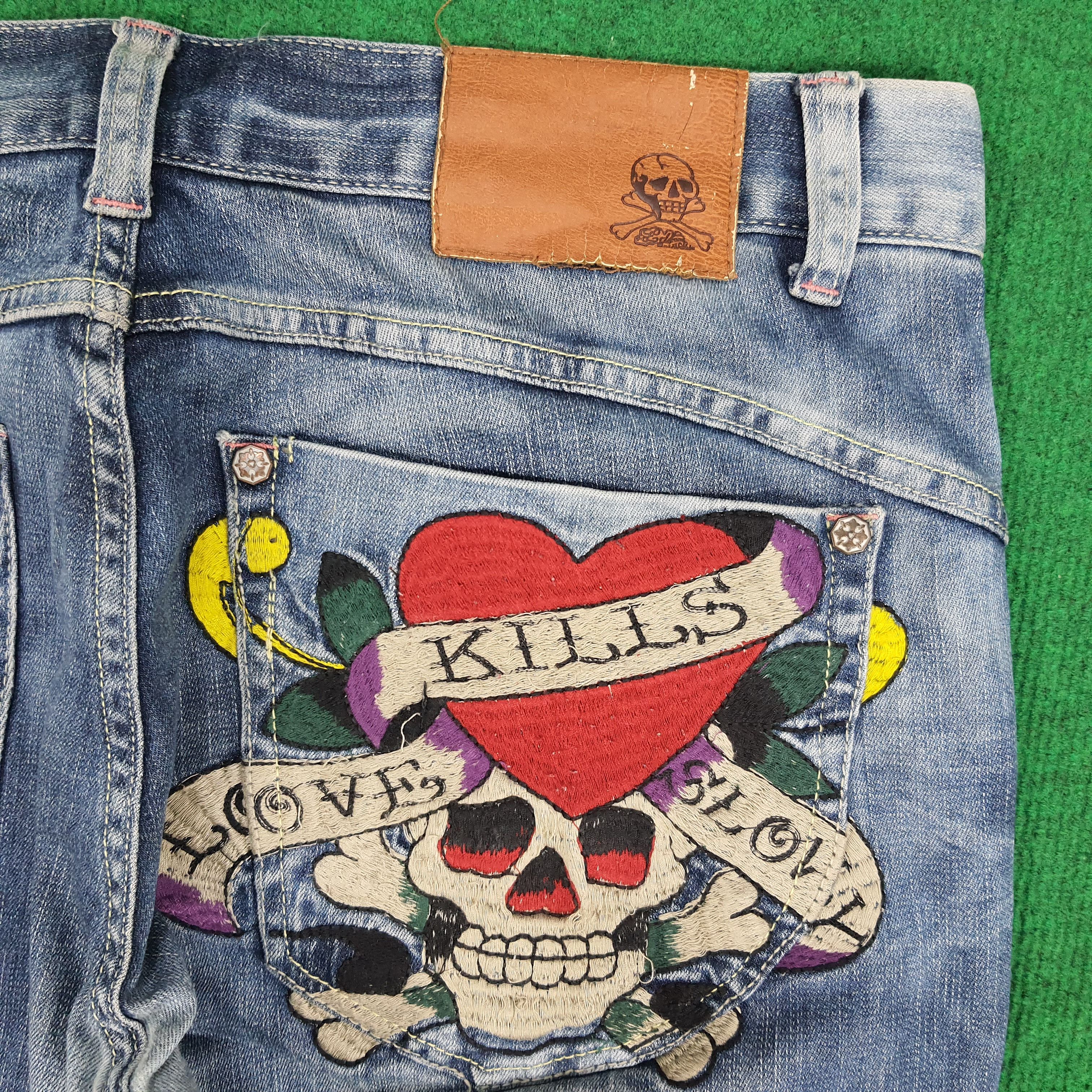 Ed Hardy × Vintage Vintage Ed Hardy Love Kills Slowly Skull Embroidery Jeans Size US 35 - 3 Thumbnail