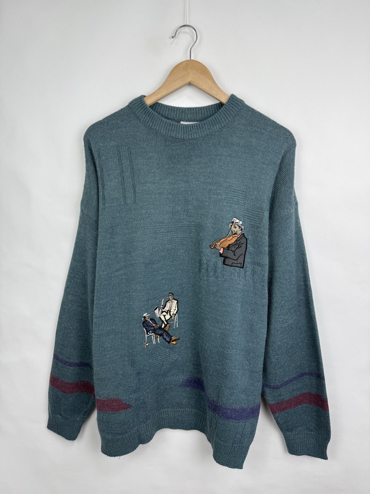 Jazz Cartier 🇺🇸 Vintage 90s Jazz Music Saxophone Violin Knit Sweater Retro Size US XL / EU 56 / 4 - 3 Thumbnail