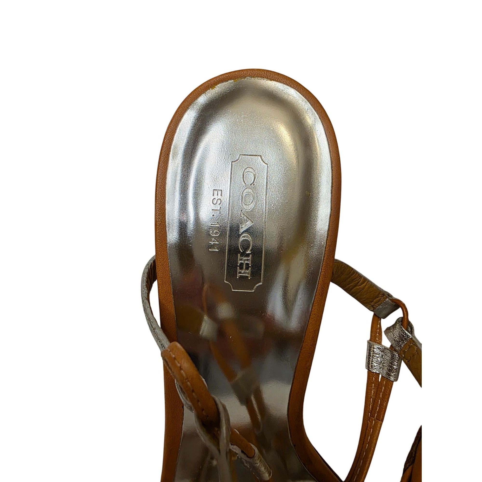 Coach Coach Womens Strappy Silver & Tan Heel Sandals Size 7.5B Coa Size US 7.5 / IT 37.5 - 5 Thumbnail