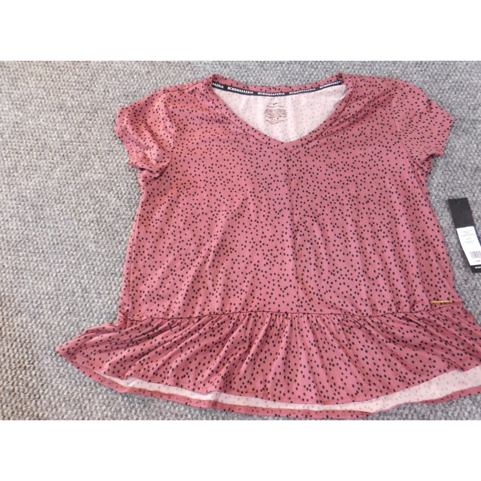 Bcbgmaxazria BCBGMAXAZRIA Blouse Womens Medium Purple Polka Dot Crew Neck Pullover Stretch Peplum Casual Shirt Size M / US 6-8 / IT 42-44 - 3 Thumbnail