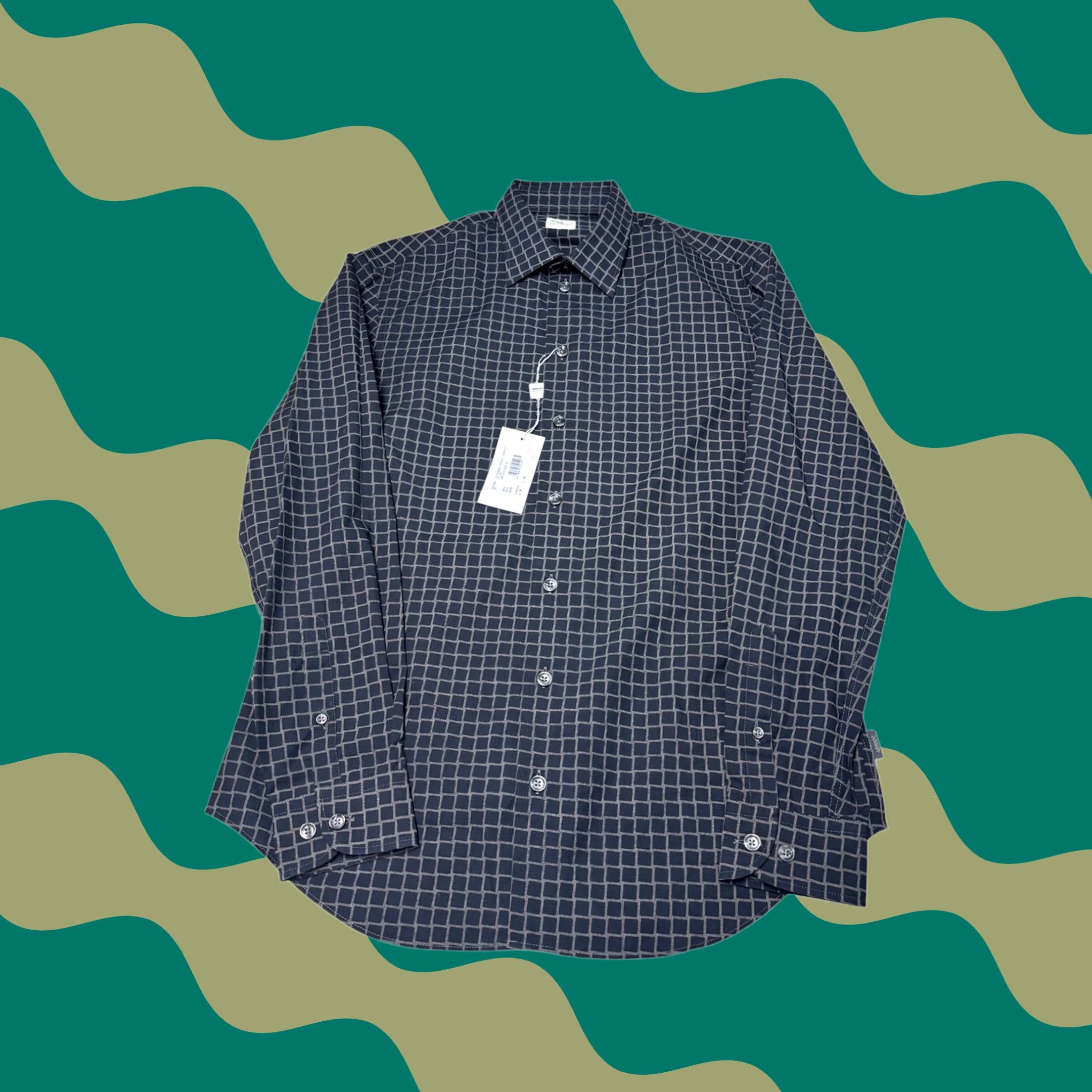 Armani NWT Armani Collezioni Mens Grid Print Long Sleeve Button Down Shirt Grey M Size US M / EU 48-50 / 2 - 1 Thumbnail