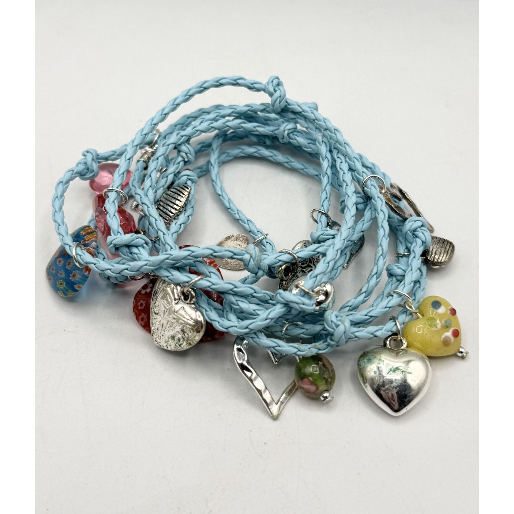 Other Blue braided leatherette Murano Art glass heart charm wrap b Size ONE SIZE - 1 Thumbnail