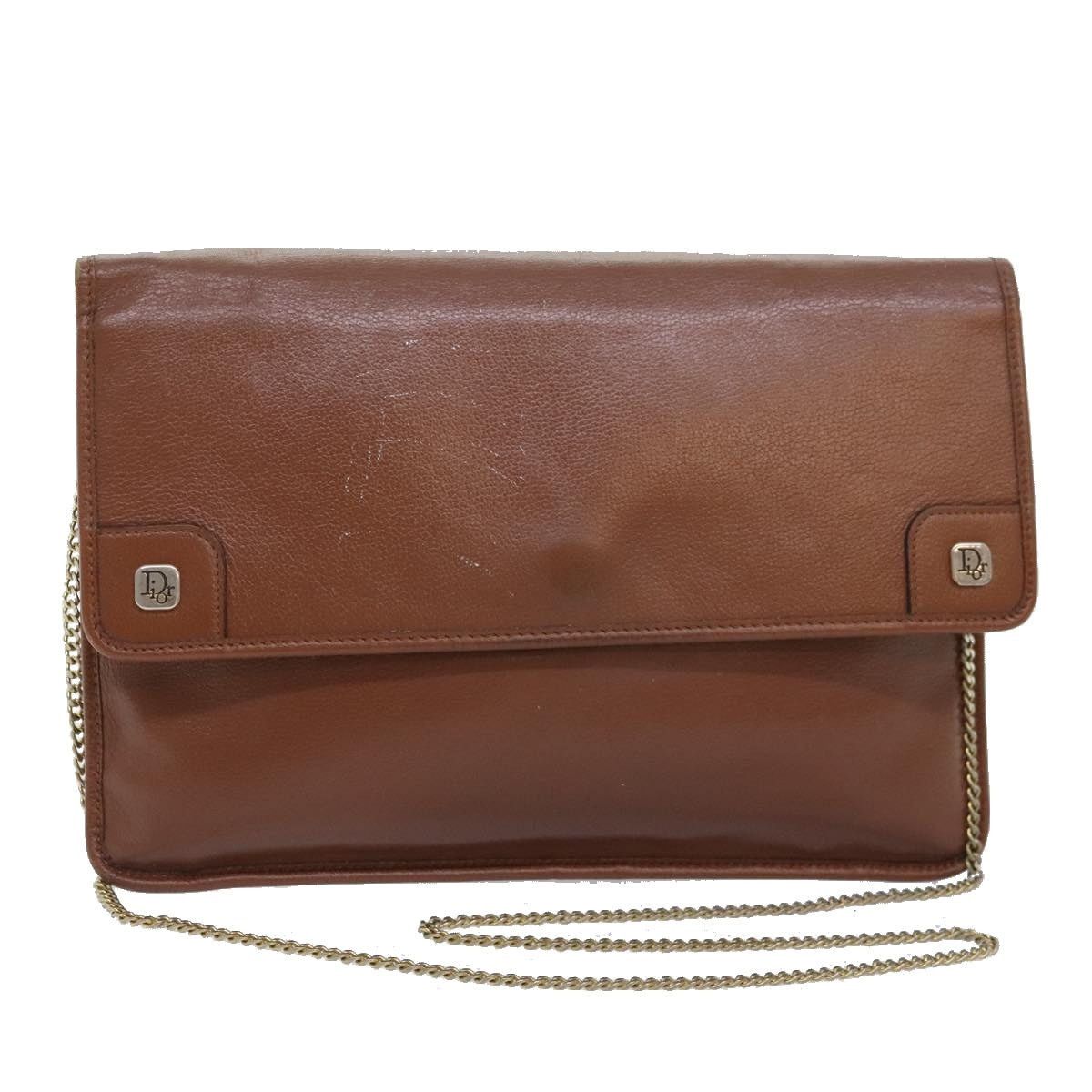 DIOR Chain Shoulder Bag Leather Brown