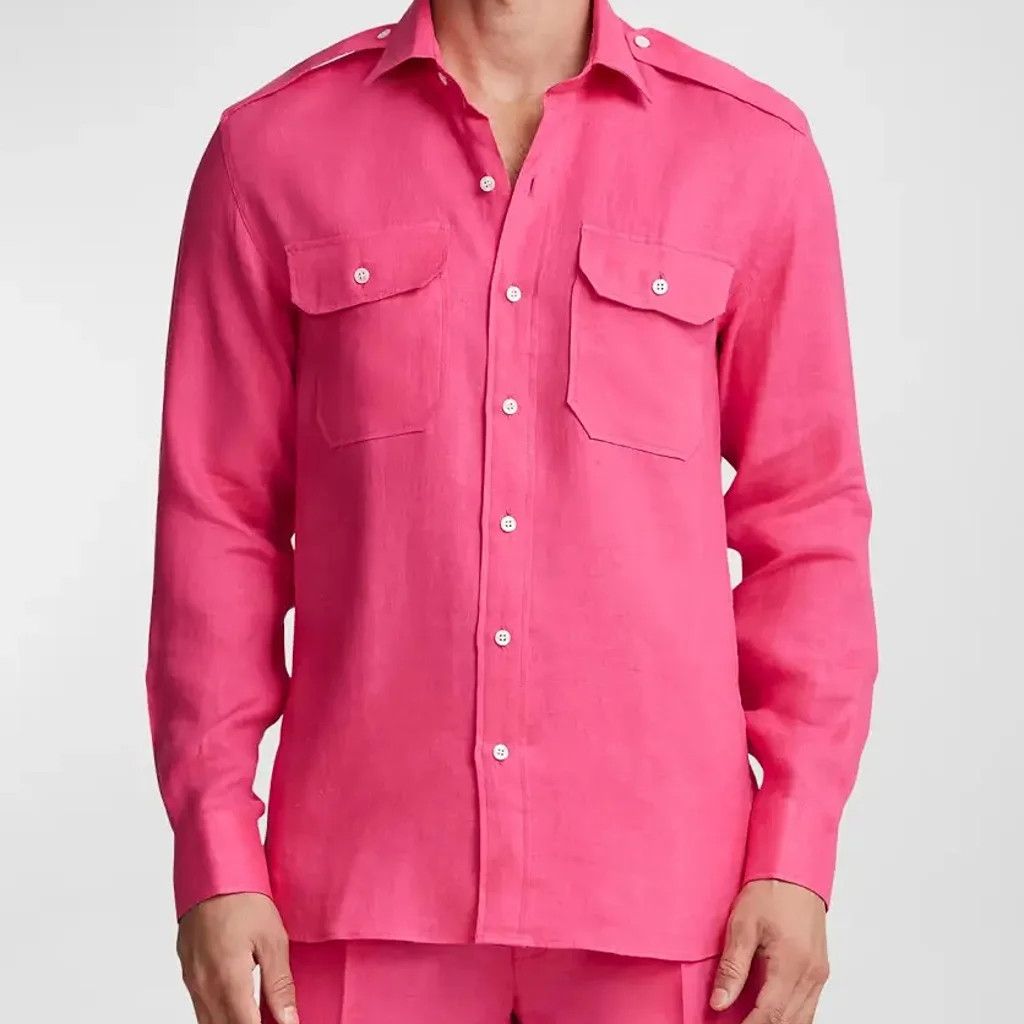 image of Ralph Lauren Purple Label Ralph Laurent Purple Label Raleigh Linen Shirt In Spring Pink (Size XL)