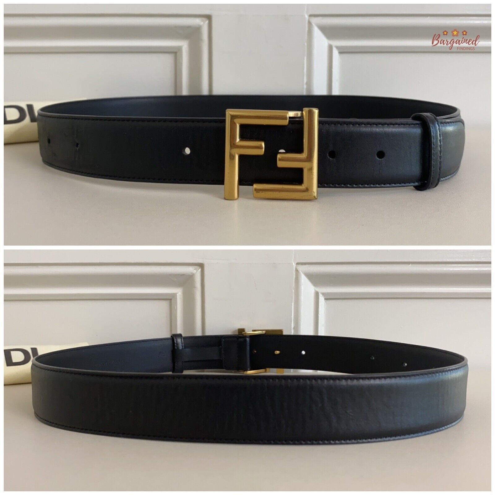 Fendi Fendi Black Calfskin Leather Gold FF Buckle Belt Size 30 - 7 Thumbnail