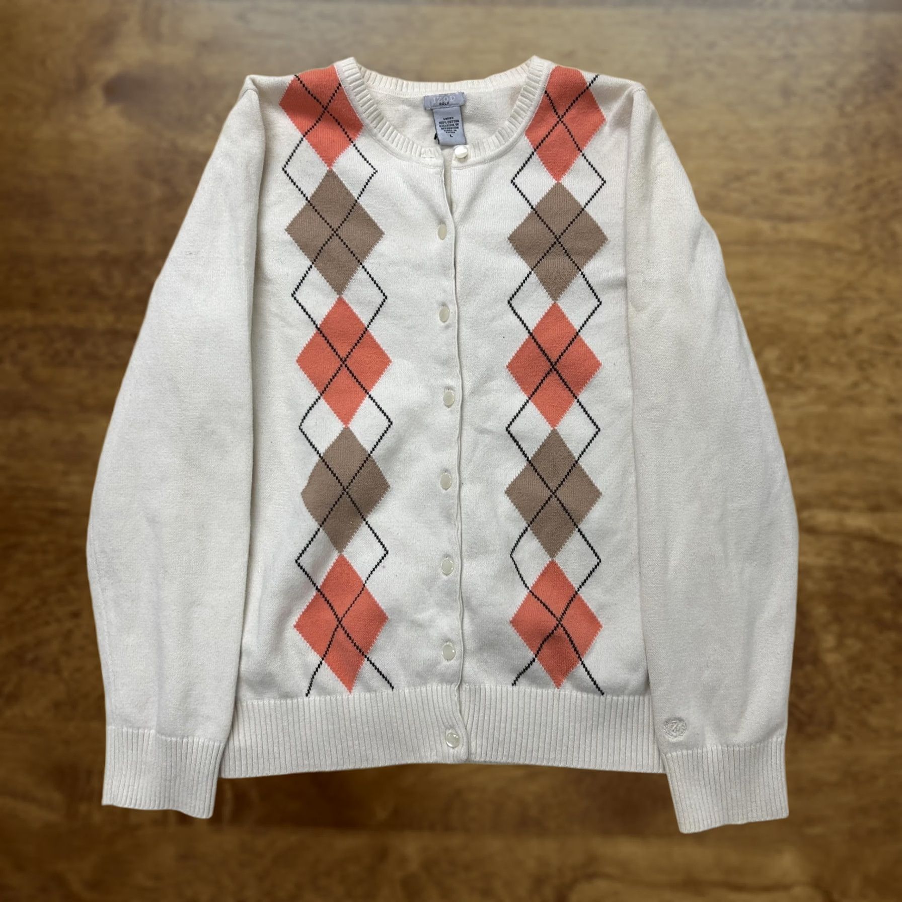Izod IZOD Golf Cardigan Sweater Womens Large White Argyle Tight-Knit Button Front Cardigan Size L / US 10 / IT 46 - 1 Thumbnail