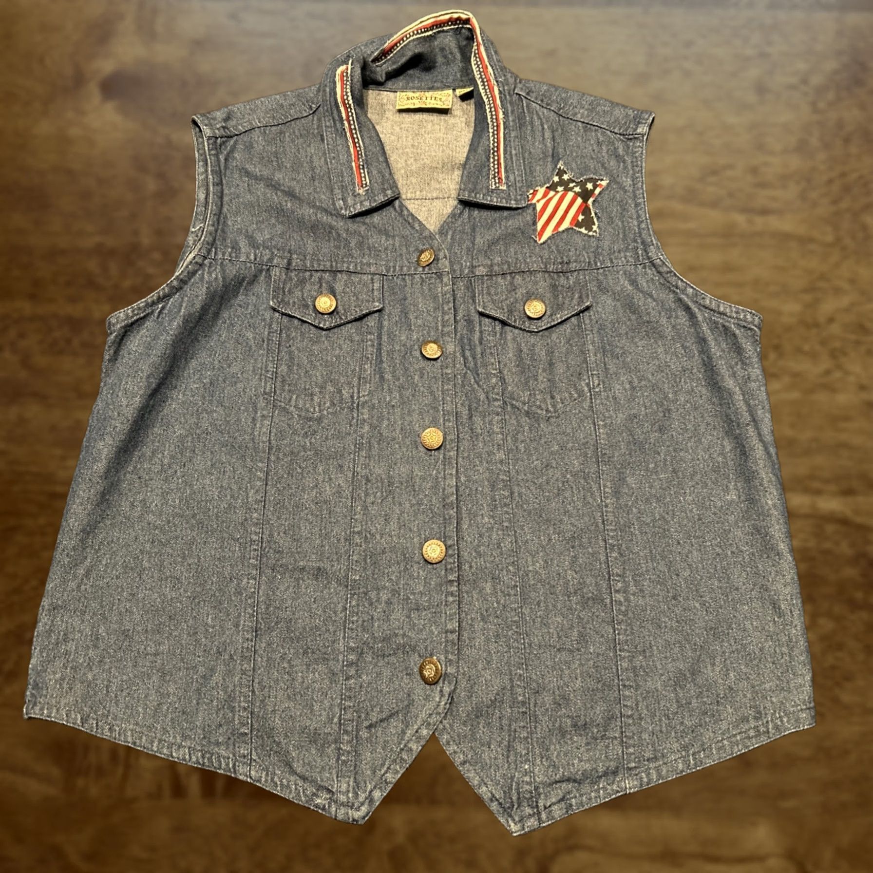 Vintage Rosettes Women's L Denim Cotton Flag Blue Casual Vest 4th July Size 36" / US 14 / IT 50 - 1 Thumbnail