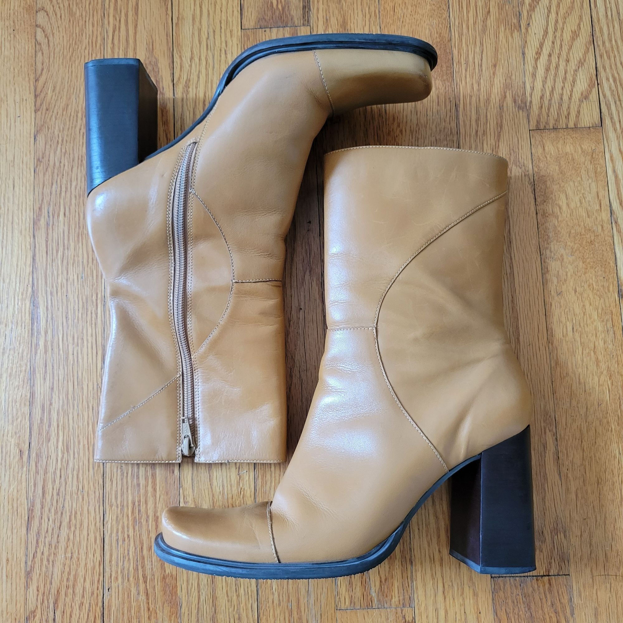 Vintage Bruno Valenti DARCY Block Heel Leather Boots 10 Camel Tan Vi Size US 10 / IT 40 - 10 Thumbnail