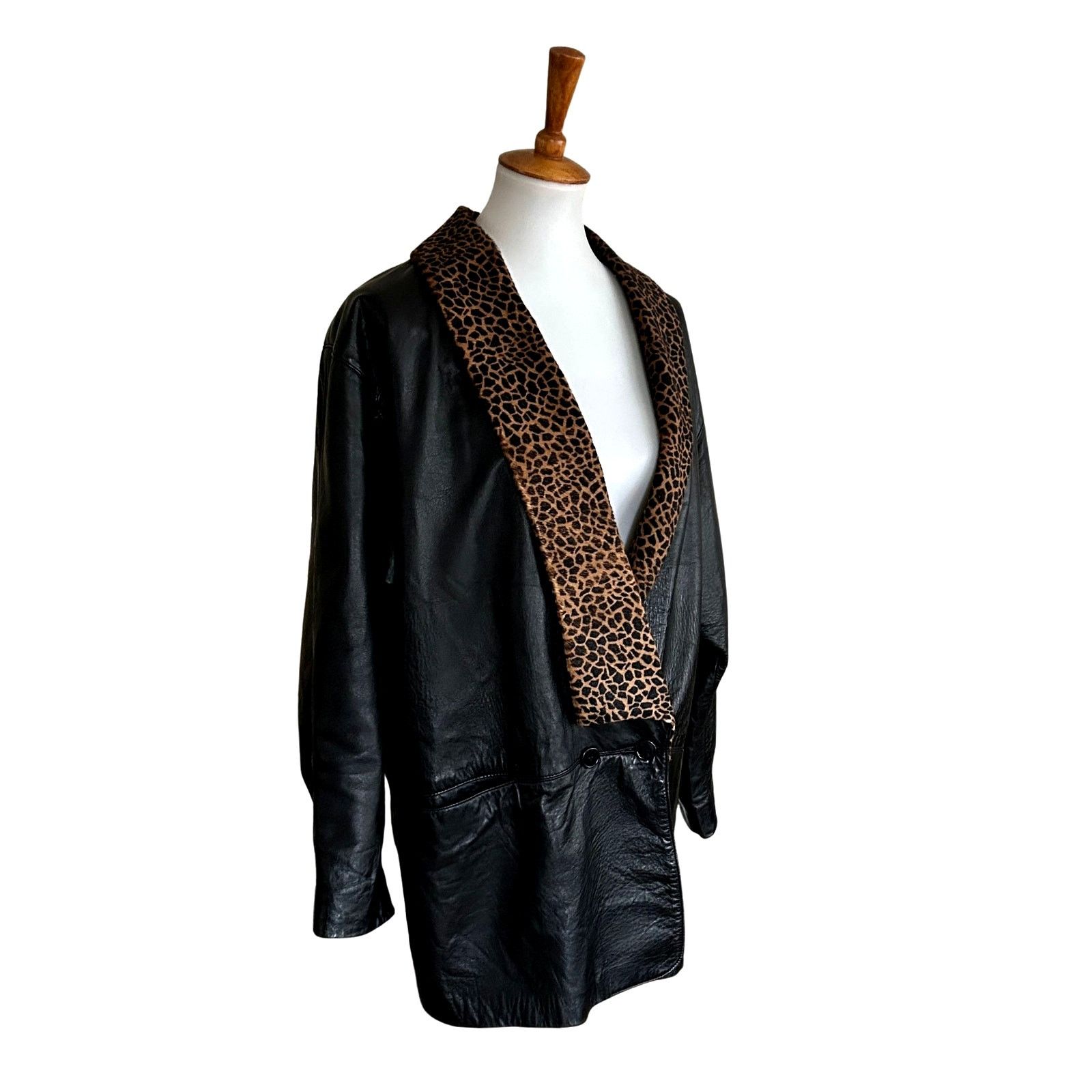 Vintage Vintage 1990s Black Leather Coat Pony Hair Collar Size M / US 6-8 / IT 42-44 - 4 Thumbnail