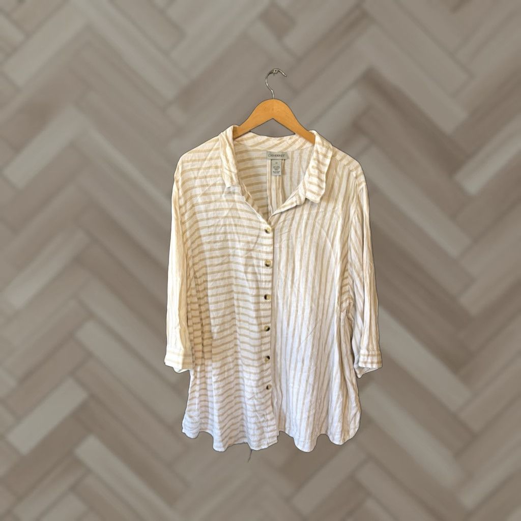 Vintage Catherines Womens Plus 0X White Linen Striped Long Sleeve Button Up Shirt Size XL / US 12-14 / IT 48-50 - 1 Thumbnail