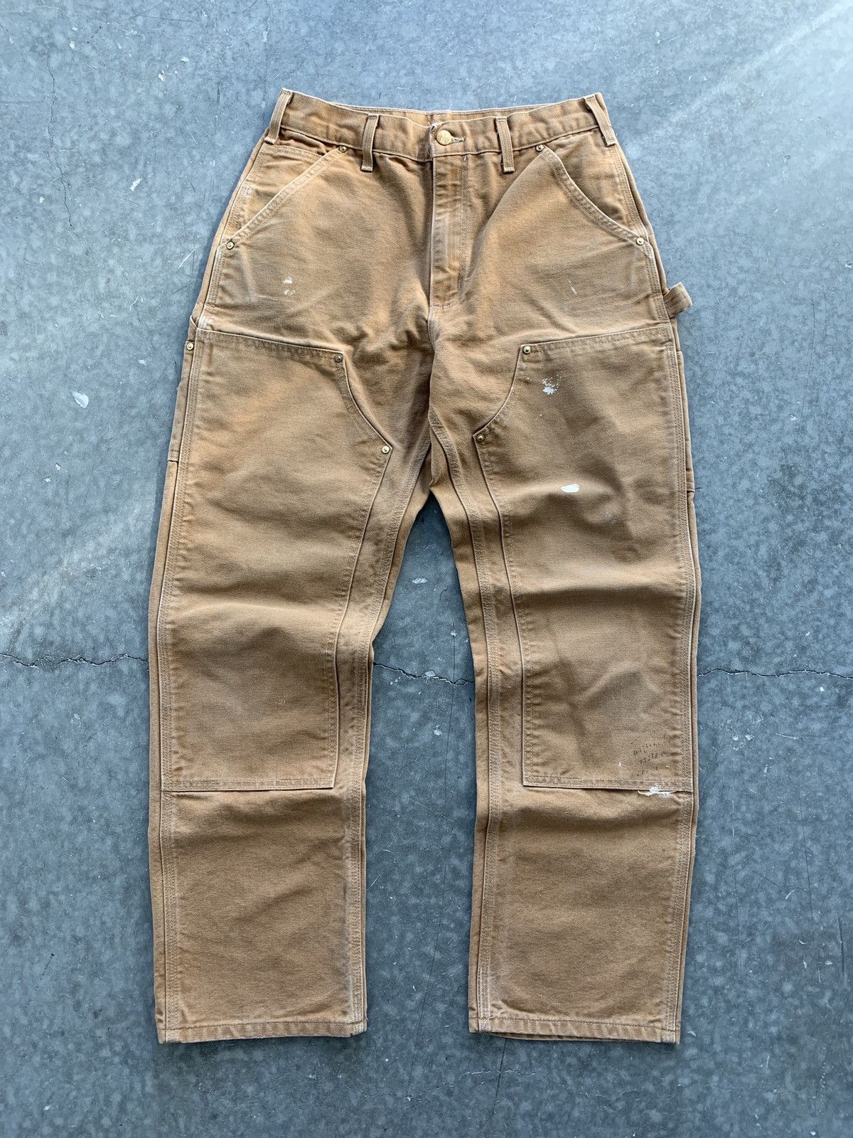 image of Crazy Vintage Y2K Carhartt Double Knee Carpenter Pants Paint in Tan, Men's (Size 31)