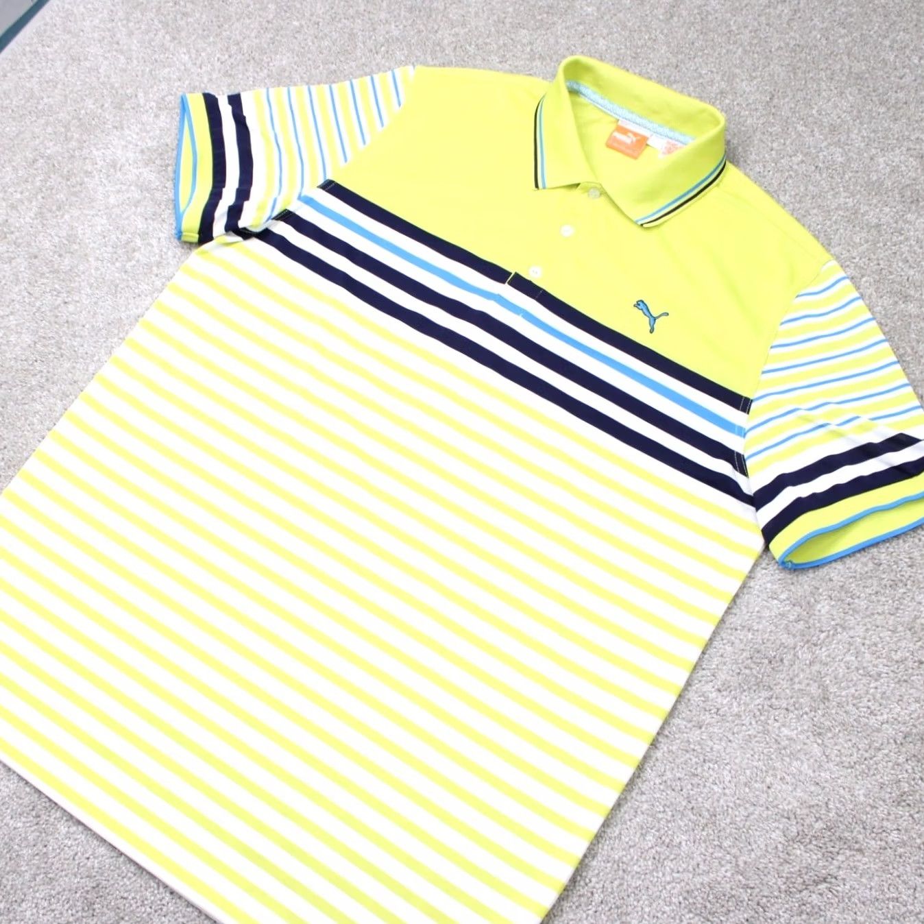 Puma Puma Polo Shirt Mens XL Yellow/Blue Tech Stripe Performance Golf Short Sleeve Polo Shirt Size US XL / EU 56 / 4 - 3 Thumbnail