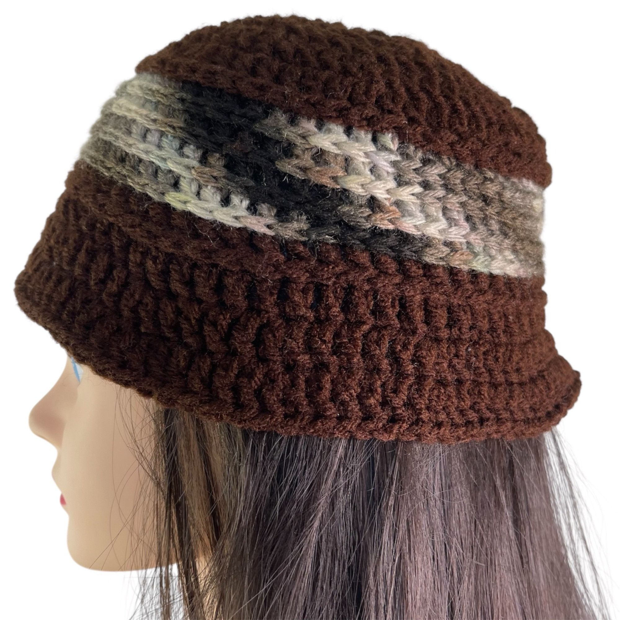 Handmade Crochet Bucket Beanie Hat Granny Square Pattern Brown Handma Size ONE SIZE - 3 Thumbnail