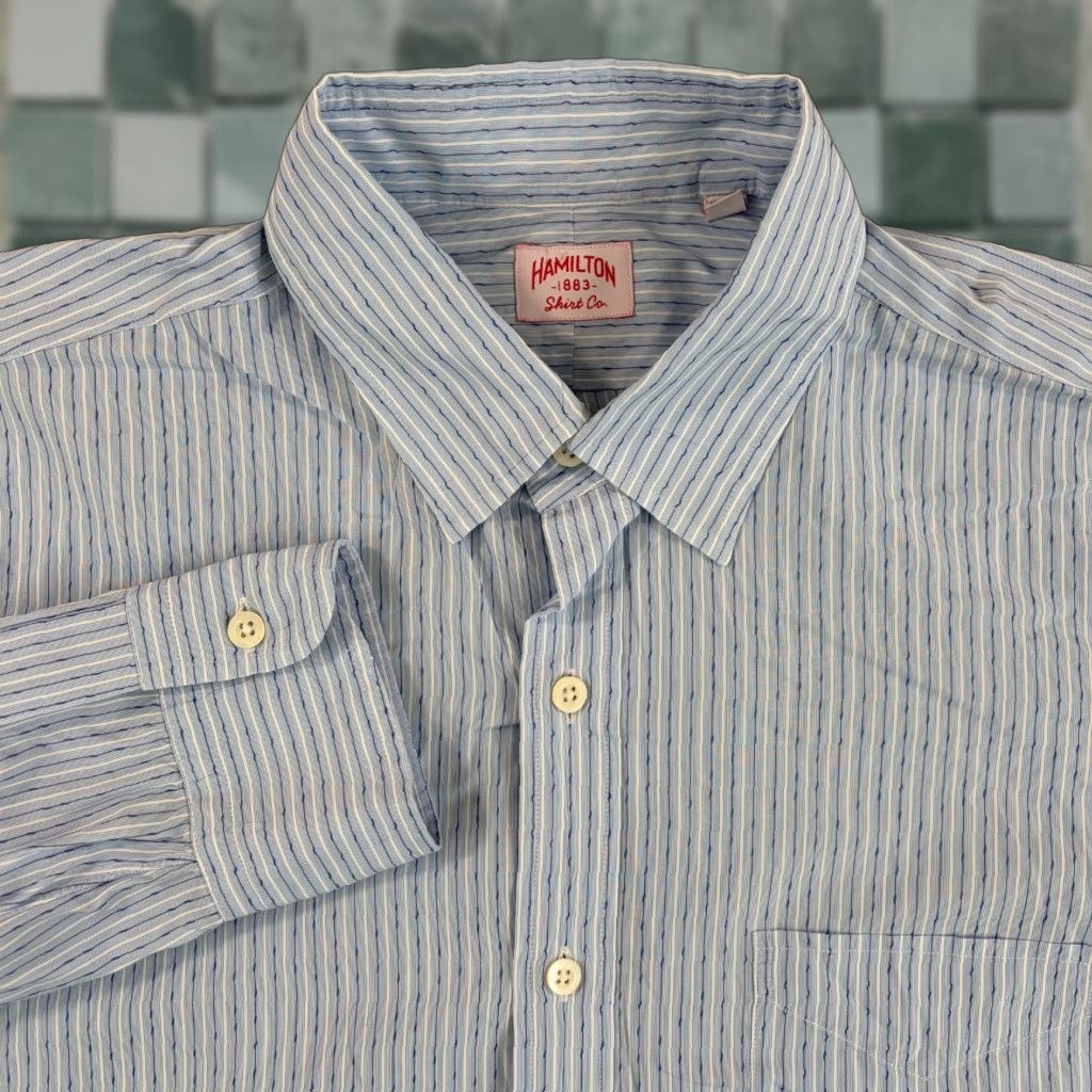Hamilton Hamilton Co. 1883 Shirt Men Large Blue Striped Button-Up with Mother of Pearl Buttons USA Made Size US L / EU 52-54 / 3 - 1 Thumbnail