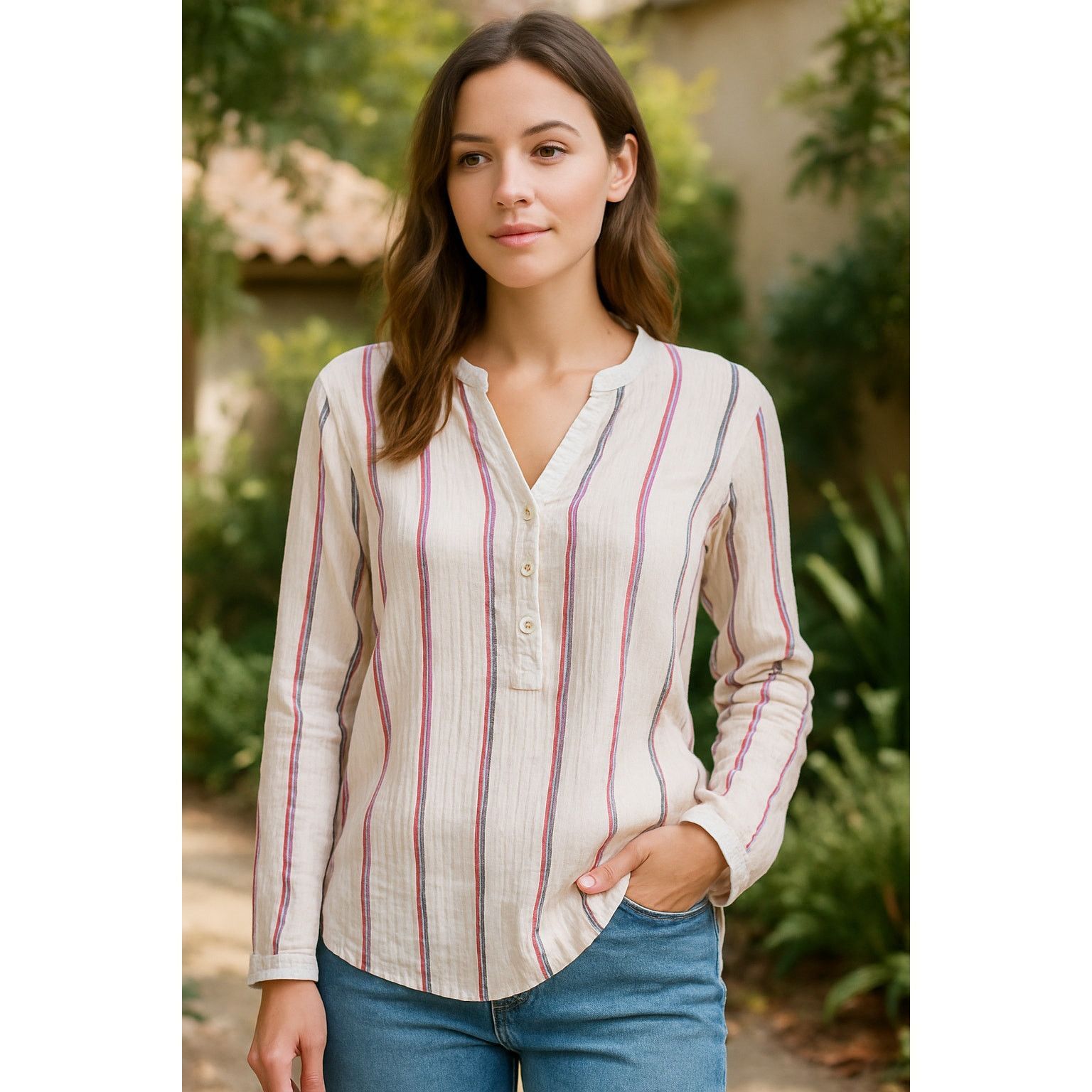 Lucky Brand Boho Lucky Brand White Striped Button Henley Top Long S Size S / US 4 / IT 40 - 1 Thumbnail