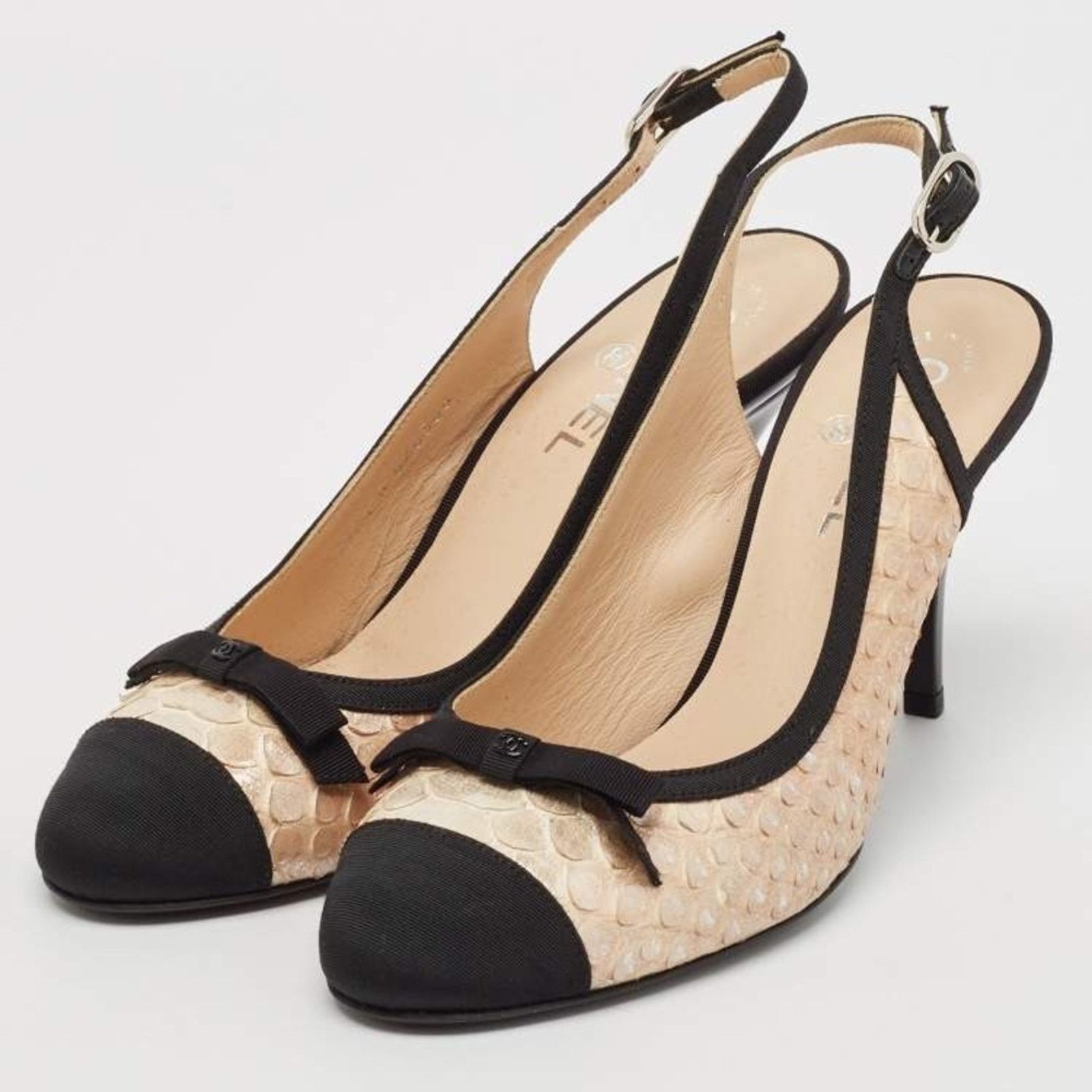 Chanel CHANEL Canvas Python Leather Bow Slingback Pump Sz. 36 Size US 6 / IT 36 - 2 Thumbnail
