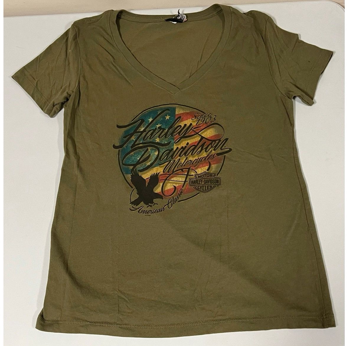 Harley Davidson Harley Davidson Olive Eagle Logo V-Neck T-Shirt Tee Size M🇺🇸✨ Size US M / EU 48-50 / 2 - 2 Thumbnail