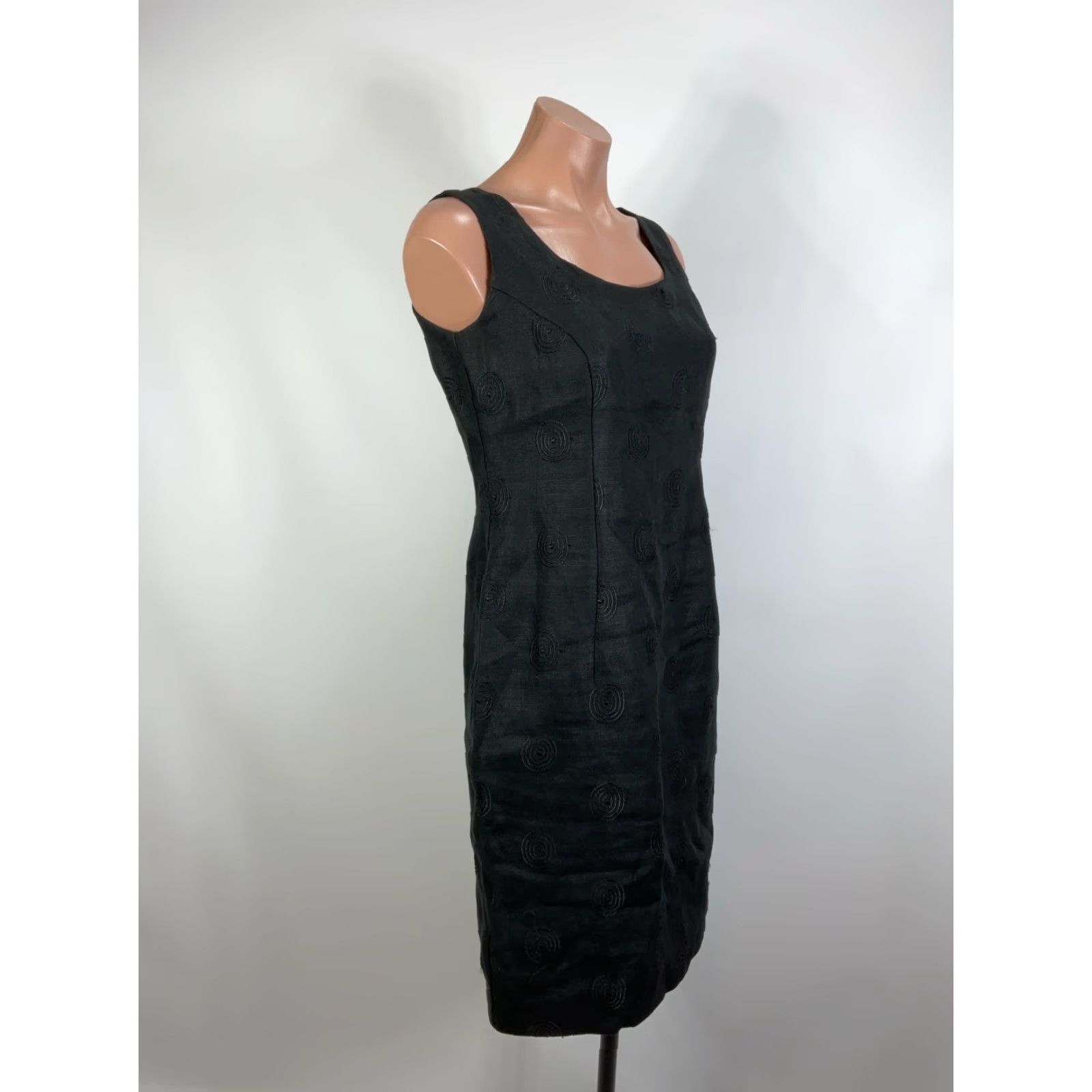 VINTAGE Santa Fe Women's LINEN Sleeveless Column Dress 6 Black Textured Linen  Dress Sheath Knee Length