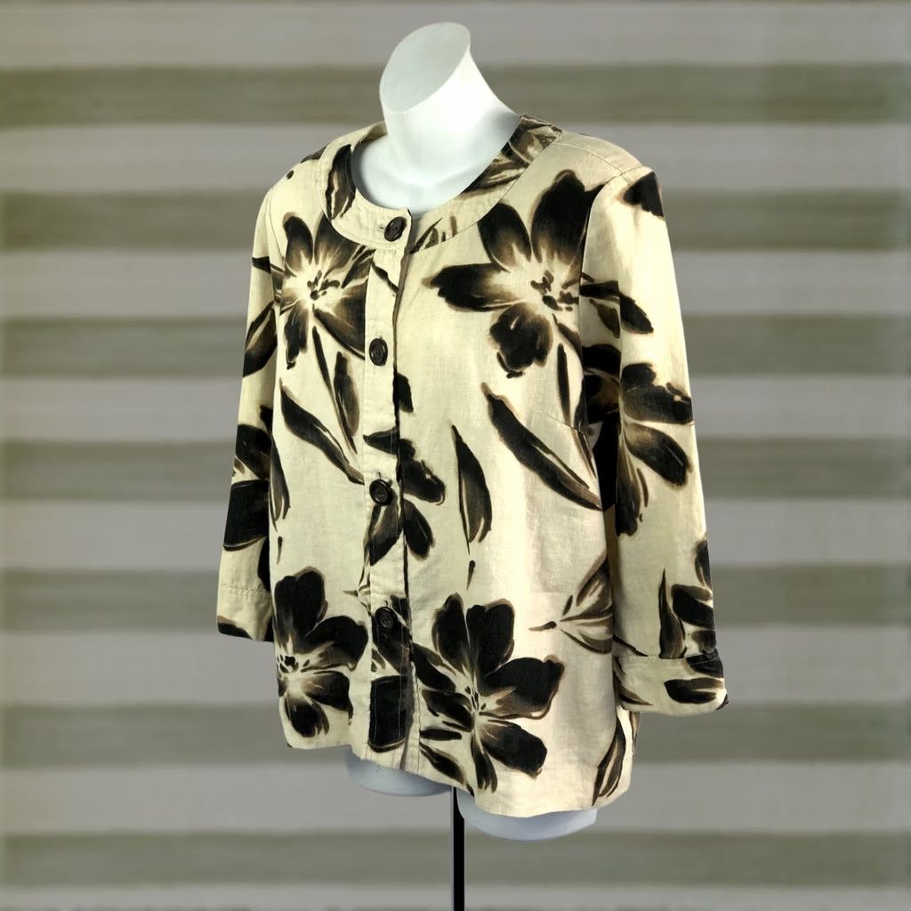 JM Collection JM Collection Linen Top Blouse 16 Brown Floral 3/4 Sleeve Round Neck Casual Workwear Boho Fairy Womens Size XXL / US 16-18 / IT 52-54 - 1 Thumbnail