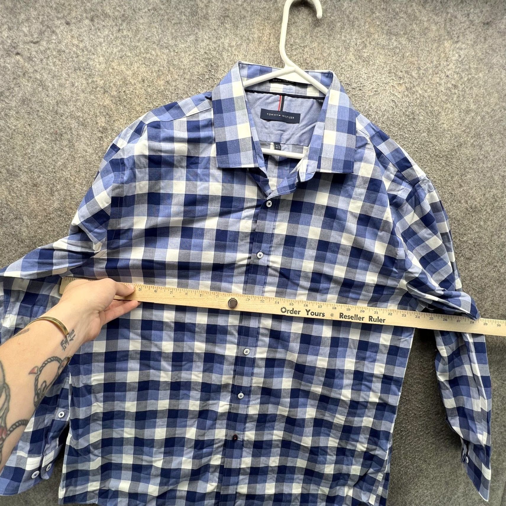 Tommy Hilfiger Tommy Hilfiger Dress Shirt Mens 17.5 32/33 Blue Check Slim Non Iron Long Sleeve Shirt Mens Size 48R - 6 Thumbnail