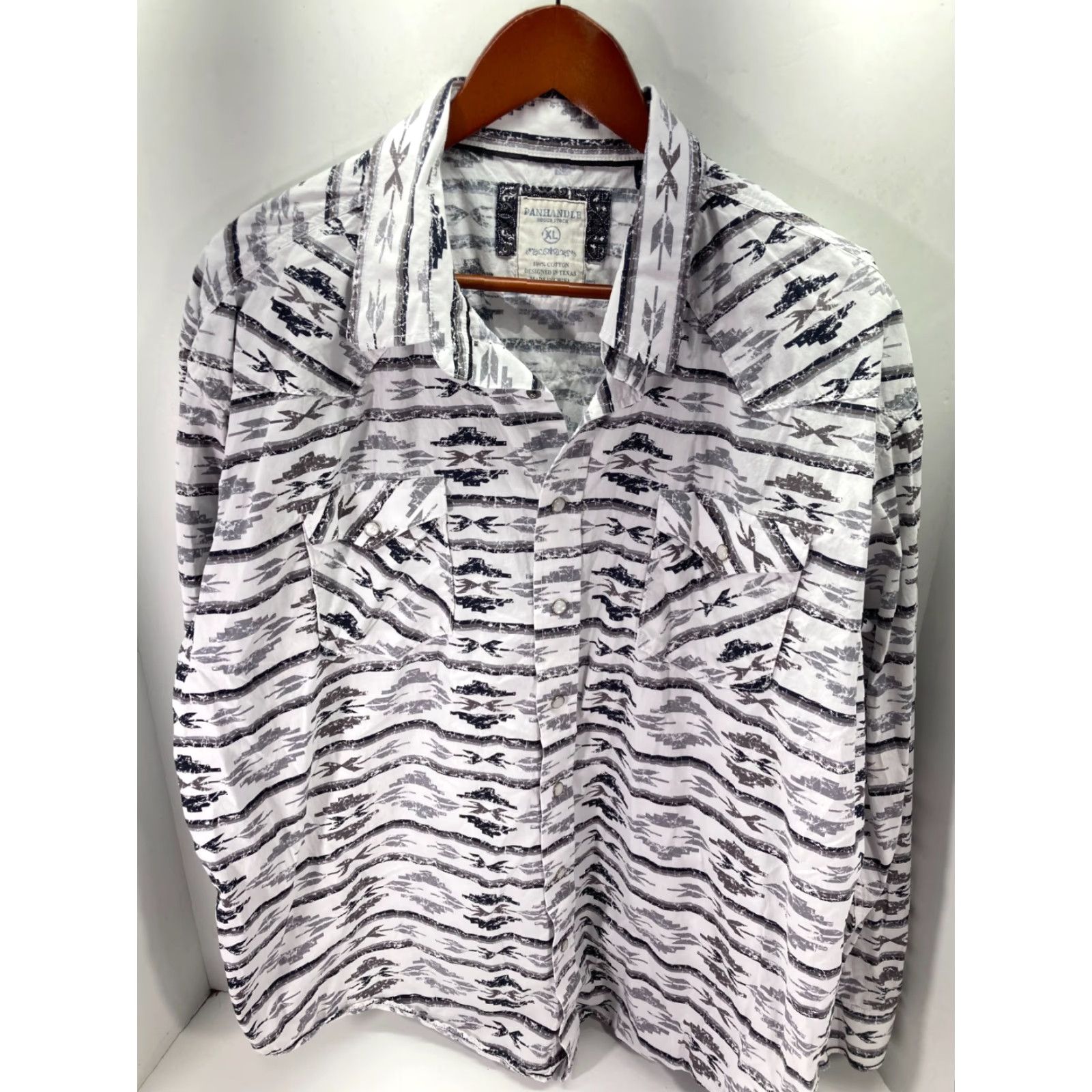 Vintage Panhandle Slim Rough Stock Shirt Mens XL White Black Aztec Snap Front Western Long Sleeve 100% Cotton Button-Up Size US XL / EU 56 / 4 - 2 Thumbnail