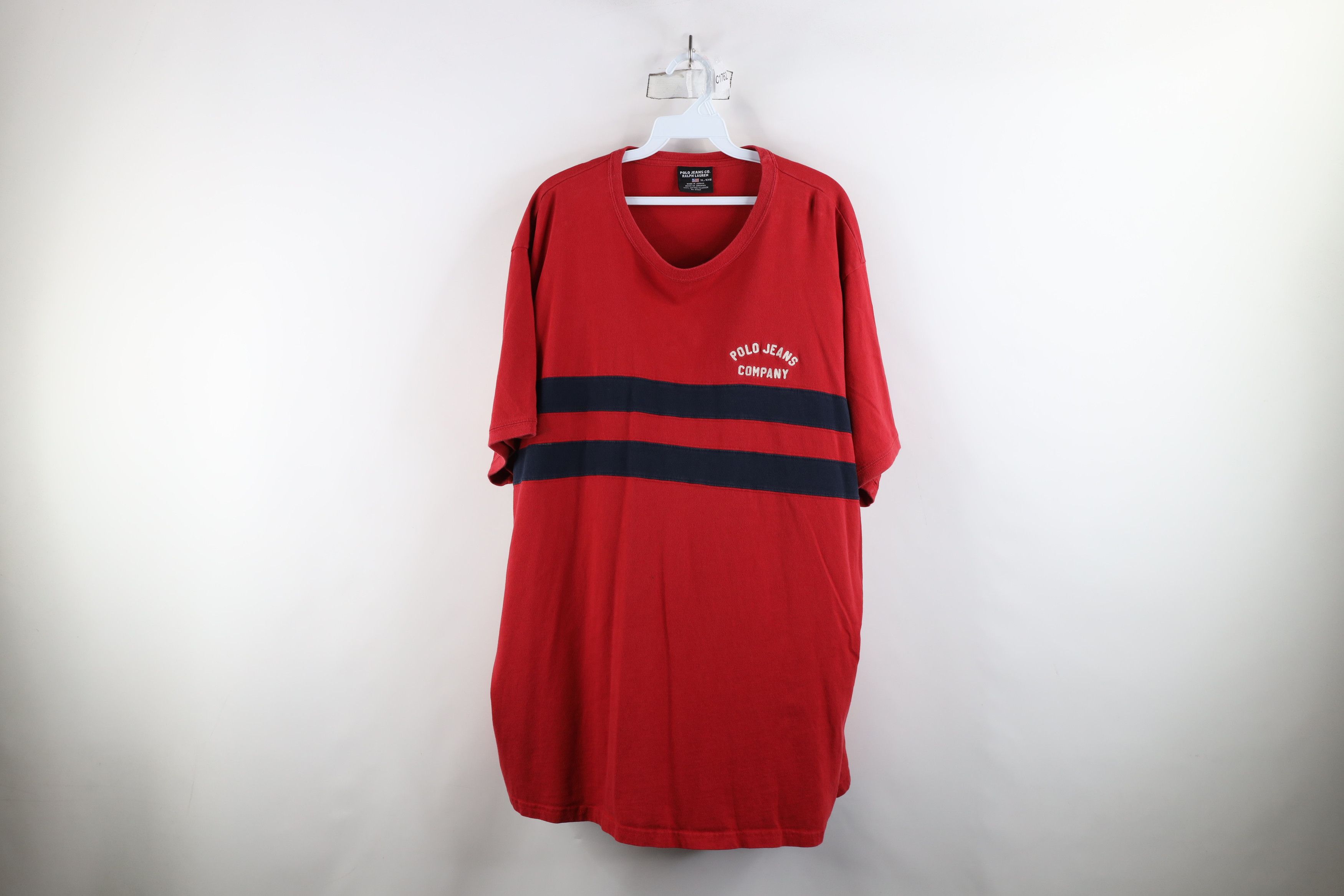 Ralph Lauren × Vintage Vintage 90s Ralph Lauren Block Chain Stitch T-Shirt Red Size US XL / EU 56 / 4 - 1 Thumbnail