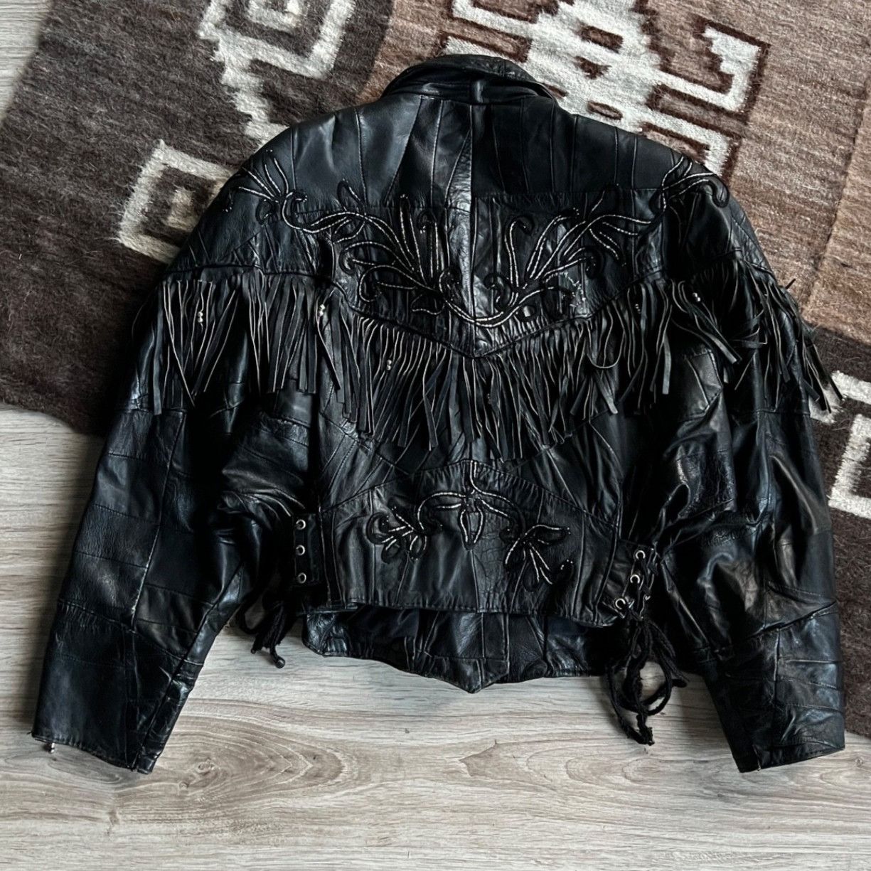 Leather Vintage Leather Fringe Western Biker Patchwork Jacket 9723AC Size S / US 4 / IT 40 - 10 Thumbnail