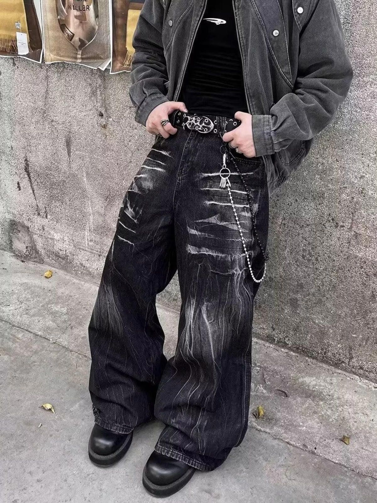 Japanese Brand Black Distressed Baggy Wide Leg Jeans, Barrel Leg Jeans Size US 32 / EU 48 - 4 Thumbnail