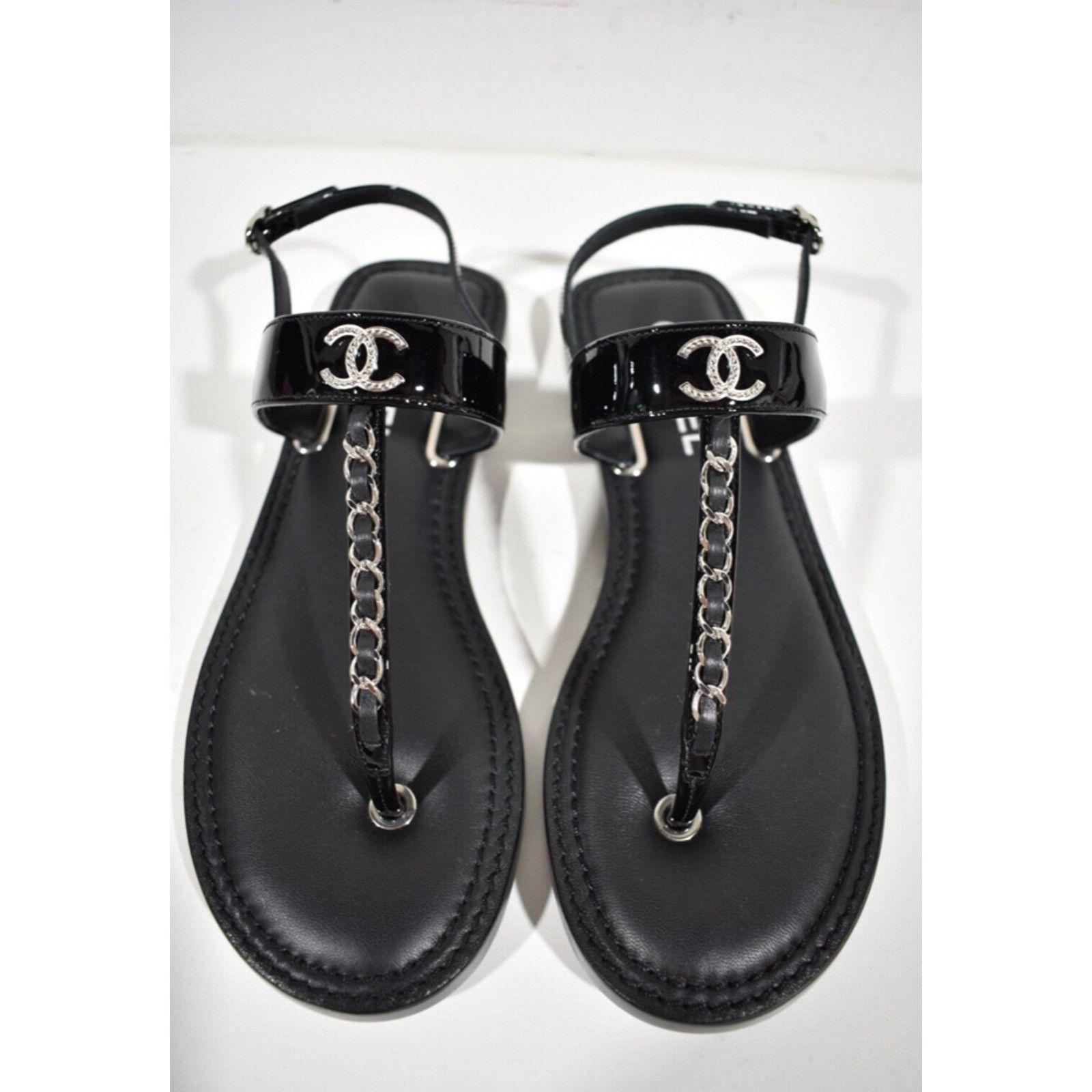 Chanel Chanel 22C Black Patent Silver Chain CC Logo Mule Slide Size US 8.5 / IT 38.5 - 8 Thumbnail