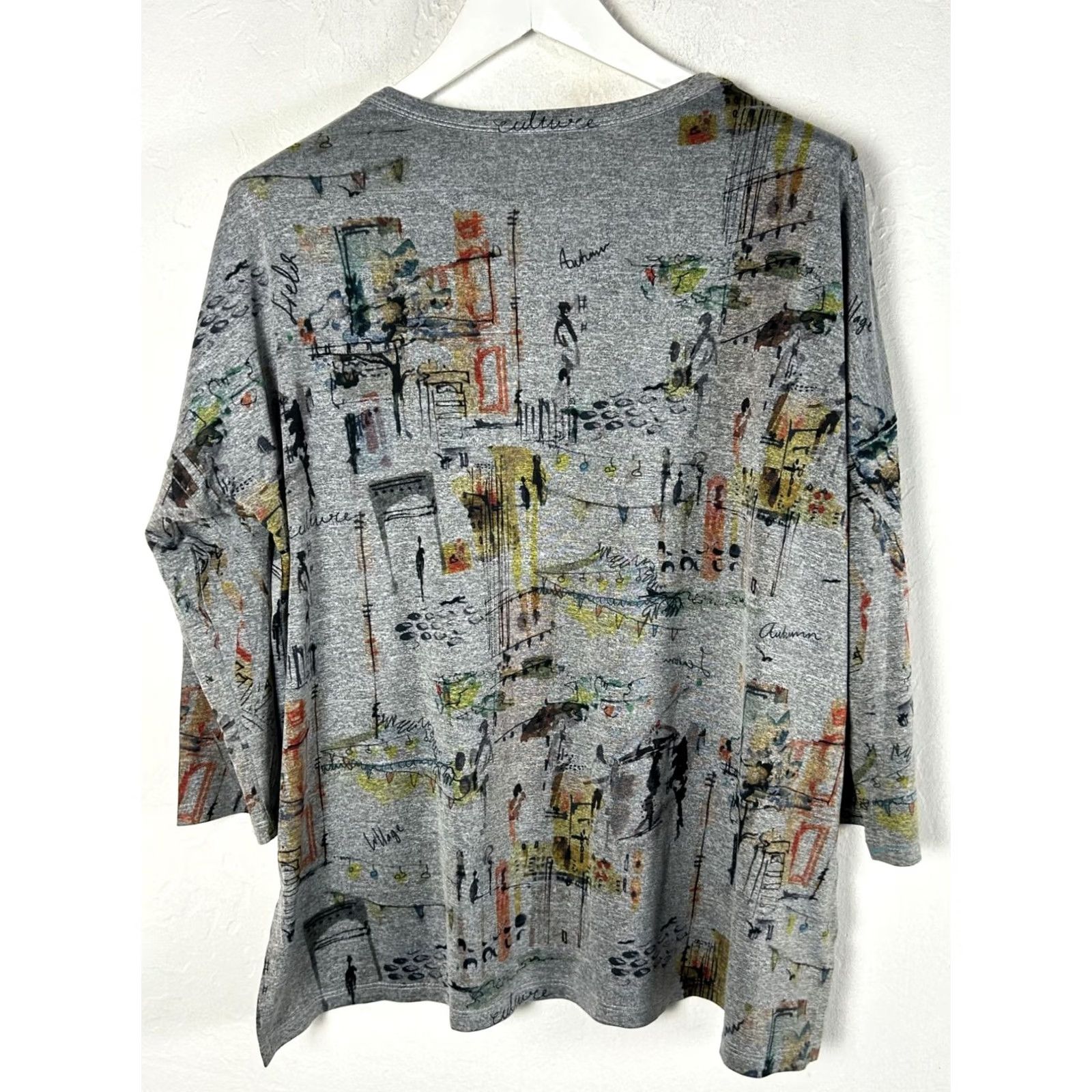 Vintage Jess & Jane Womens Heather Gray Graphic Print 3/4 Sleeve Top Large Stretch USA Made Size L / US 10 / IT 46 - 3 Thumbnail