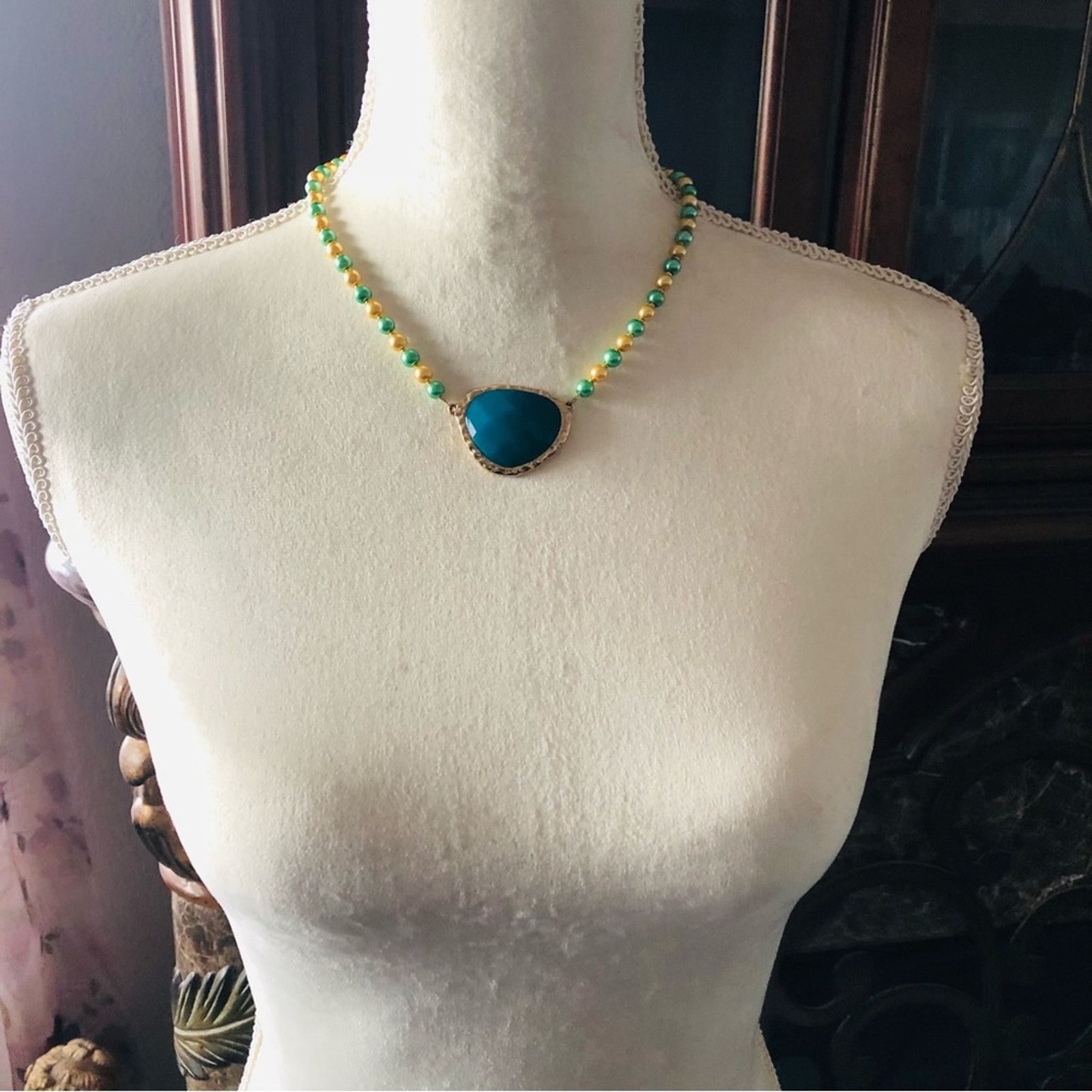 Handmade Handcrafted repurpose teal green dome glass Pearl necklace Size ONE SIZE - 5 Thumbnail
