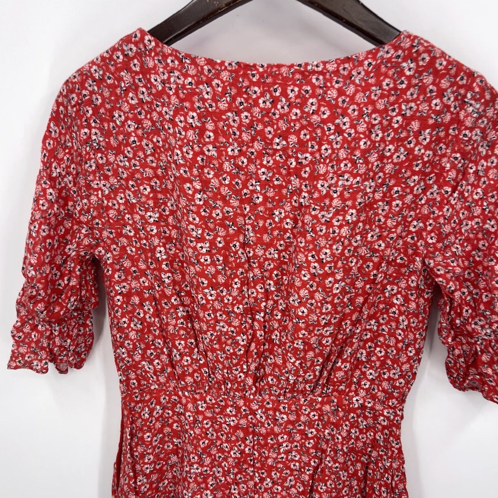 Anthropologie Stevie May Dress Womens XS Faux Wrap Red Floral Boho Mini V-Neck Short Sleeve Casual 90s Bohemian Womens Size XS / US 0-2 / IT 36-38 - 5 Thumbnail