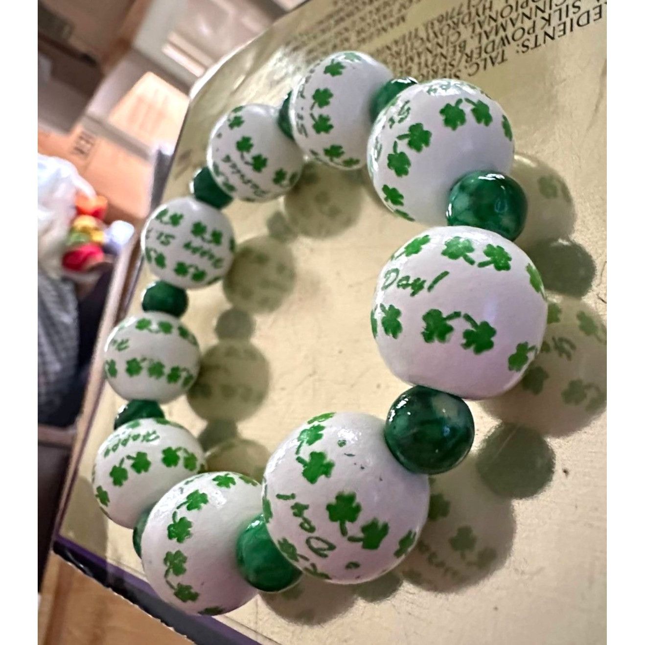 Handmade Happy St Patricks Day Shamrock Wood Beaded Stretch Bracelet Size ONE SIZE - 12 Thumbnail