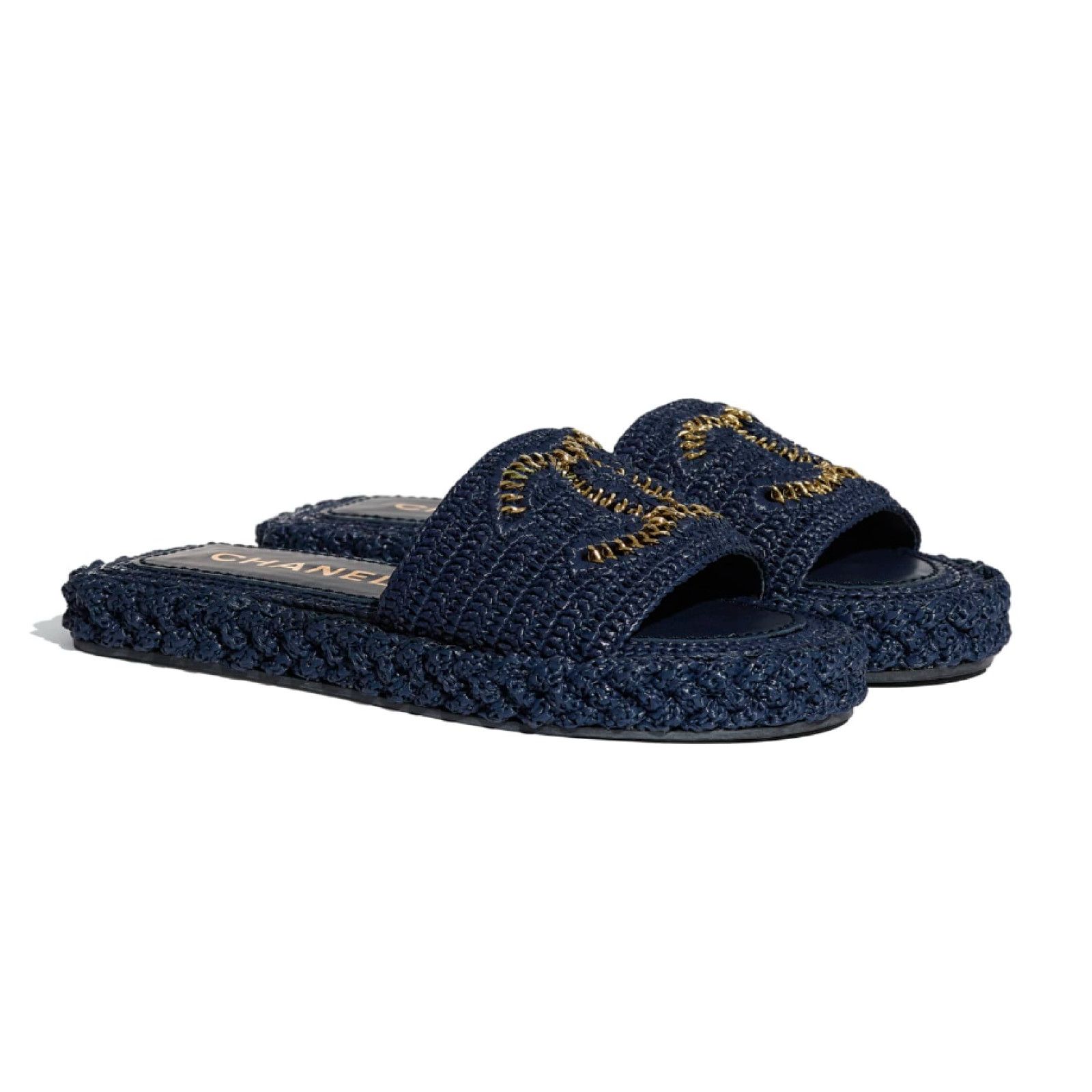 Chanel Chanel 21C Navy Blue Cord Gold Chain CC Logo Mule Slide Size US 7 / IT 37 - 3 Thumbnail
