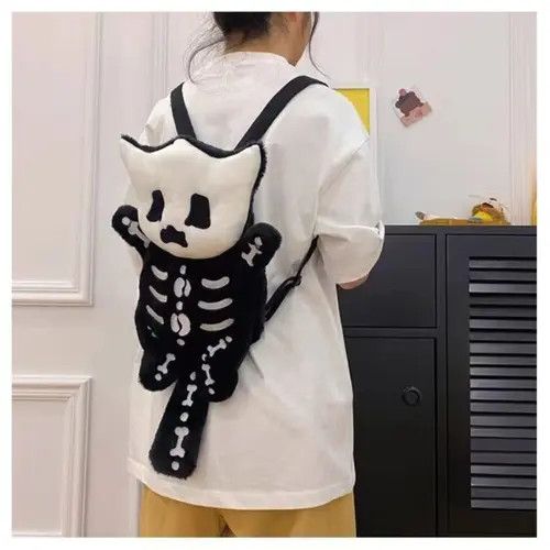 image of Y2K Skull Plush Backpack Cute Skeleton Toy in Black, Women's